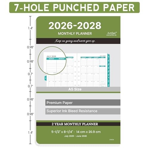 2026-2028 Monthly Planner Refill – Planner Inserts with 7-Hole Punched, 5-1/2″ X