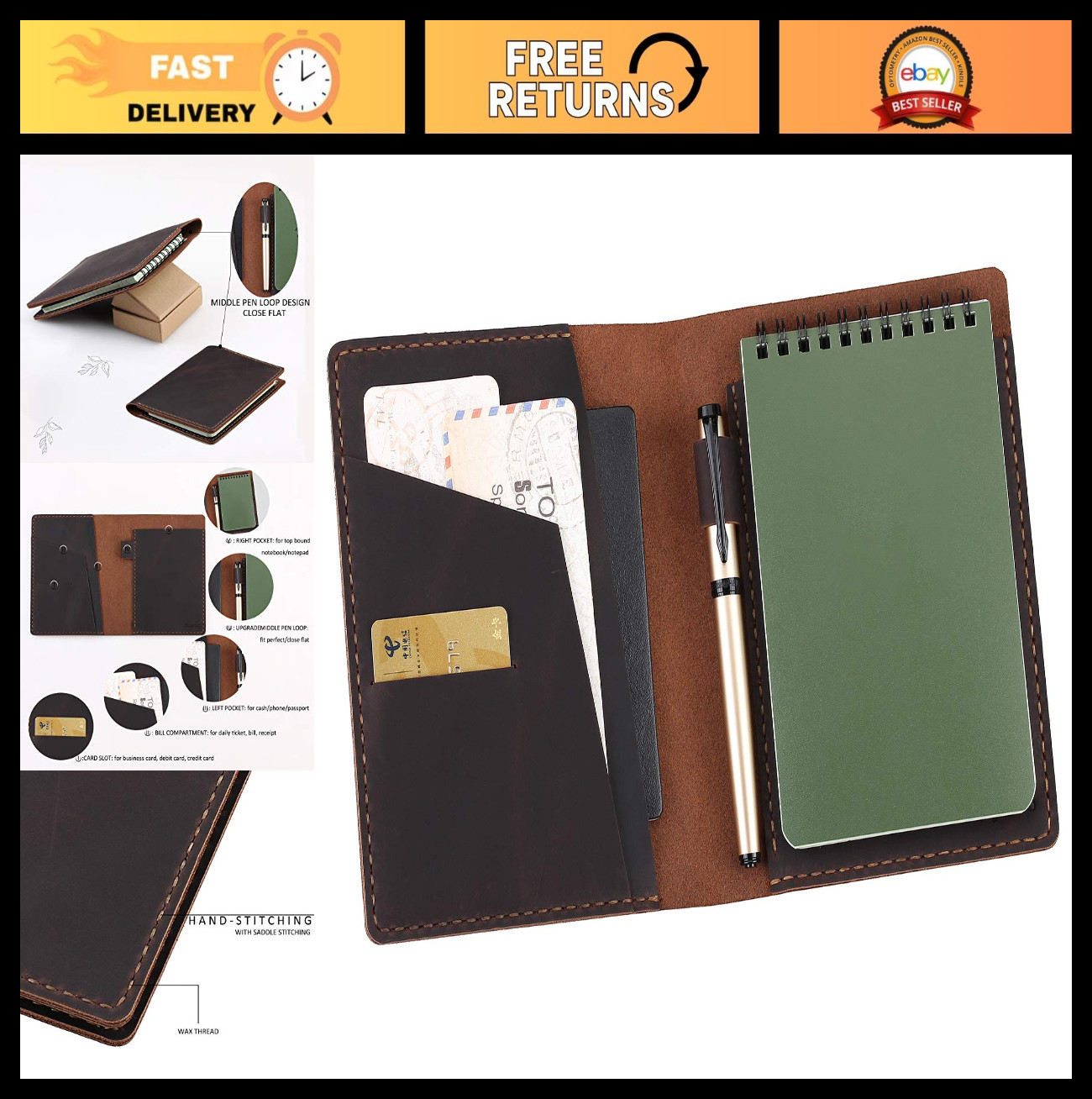 Leather Notebook Cover for 4” x 6” Notepad, Spiral Top Bound, Pen Holder – Cof