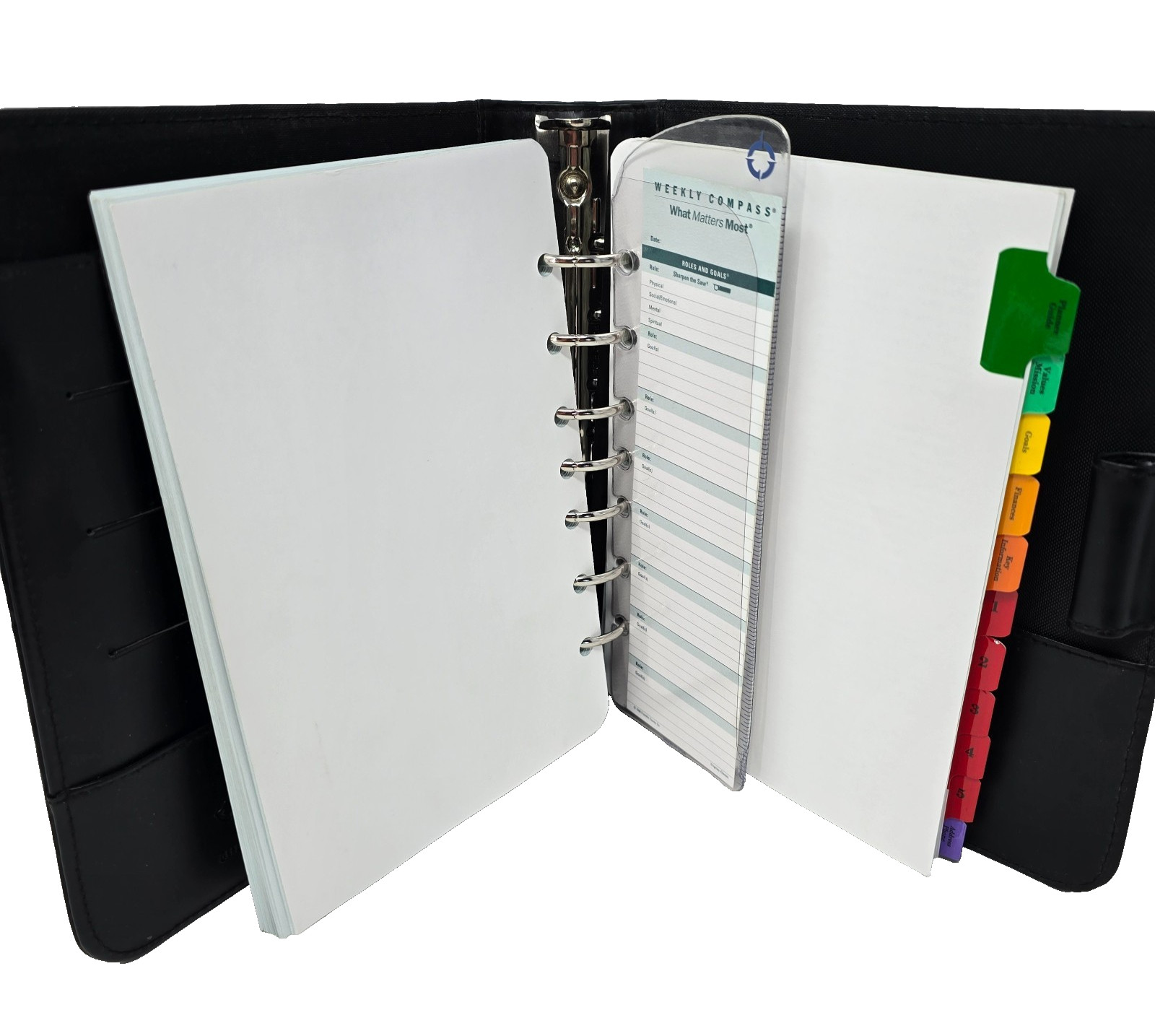 NWOT VTG 1999 Franklin Covey Black Classic Leather Open Binder Planner 7 Ring