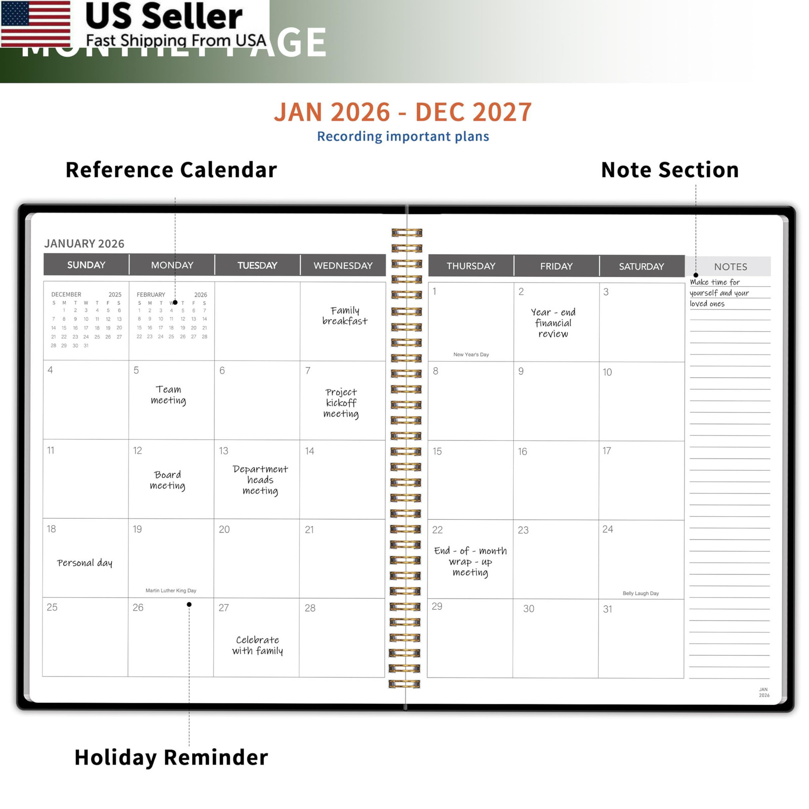 Monthly Planner 2026-2027, 2 year calendar A4( Jan 2026-Dec 2027 ), Black