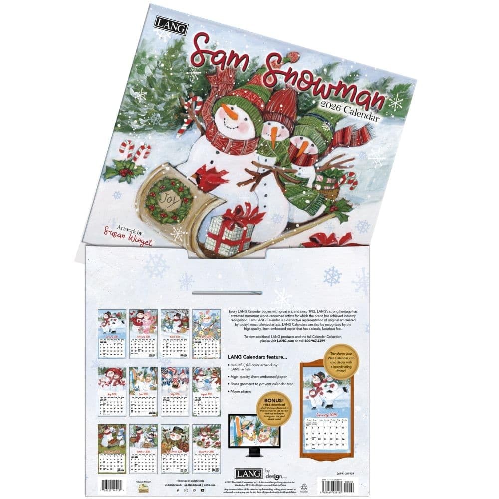 Lang Sam Snowman 2026 Wall Calendar – 12-Month 12.5″W x 0.2″H, 2026