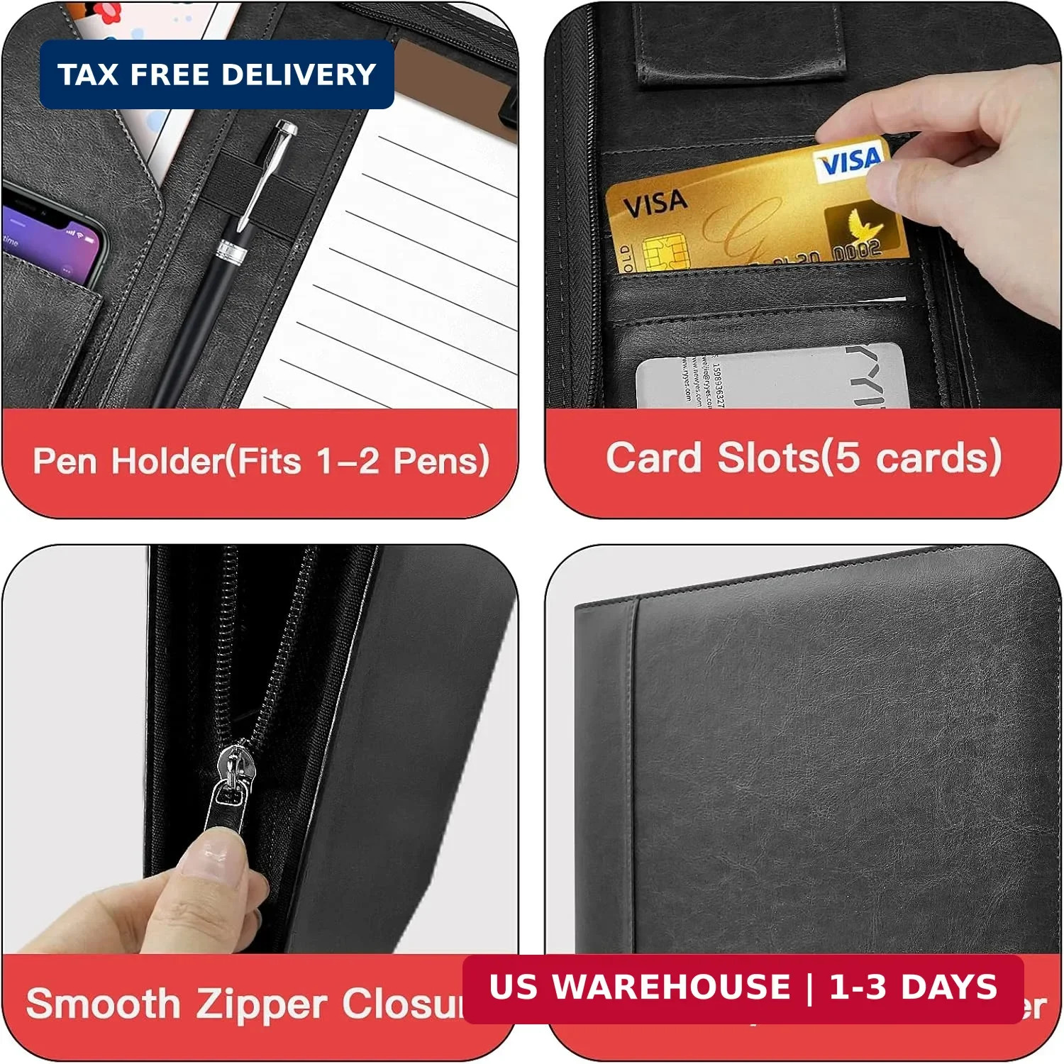 Zippered Padfolio Organizer, WRIYES Leather Planner Binder, 10.2 Inch Portfolio