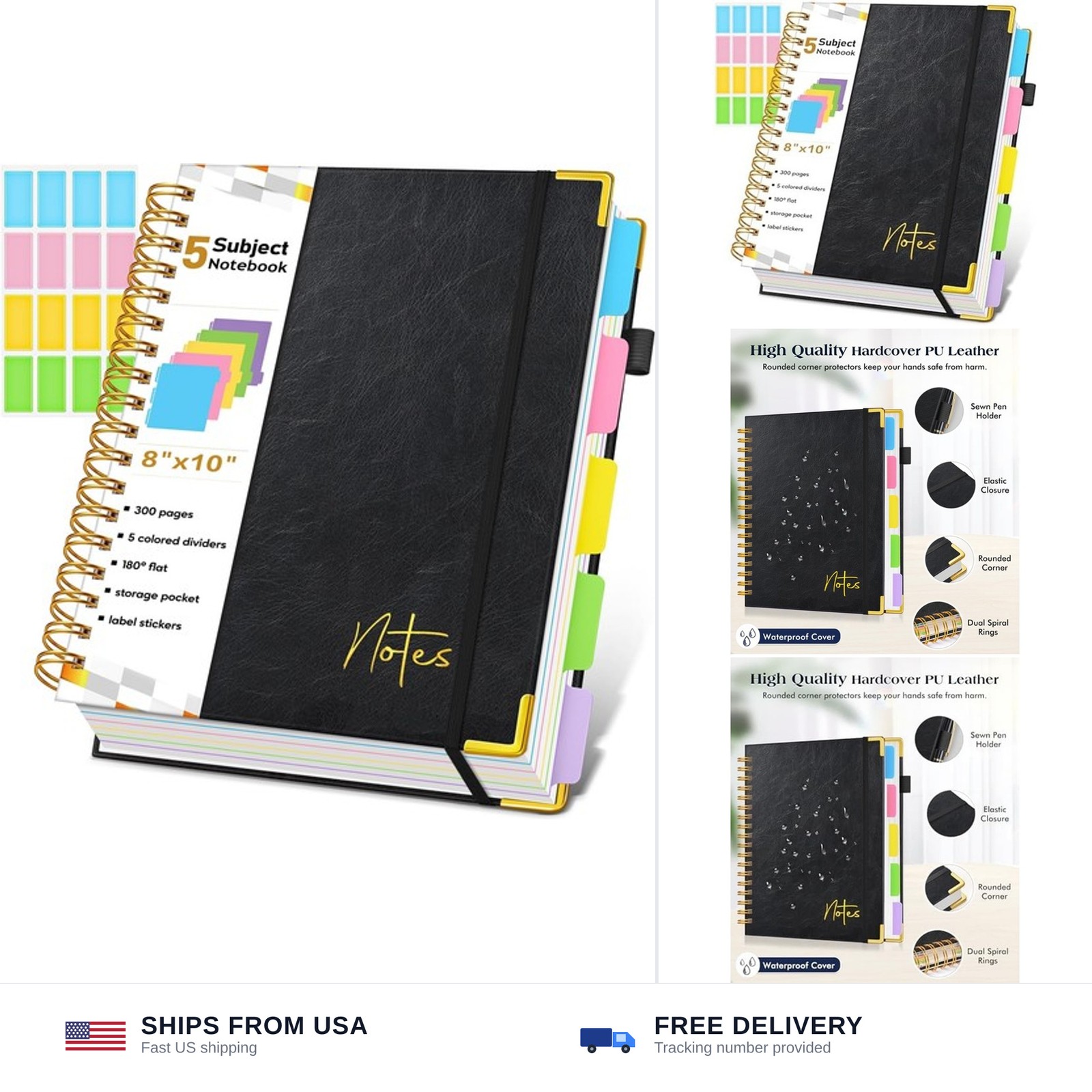 Spiral Notebook Journal with Removable Dividers Tabs, 300 Pages Hardcover Lea…
