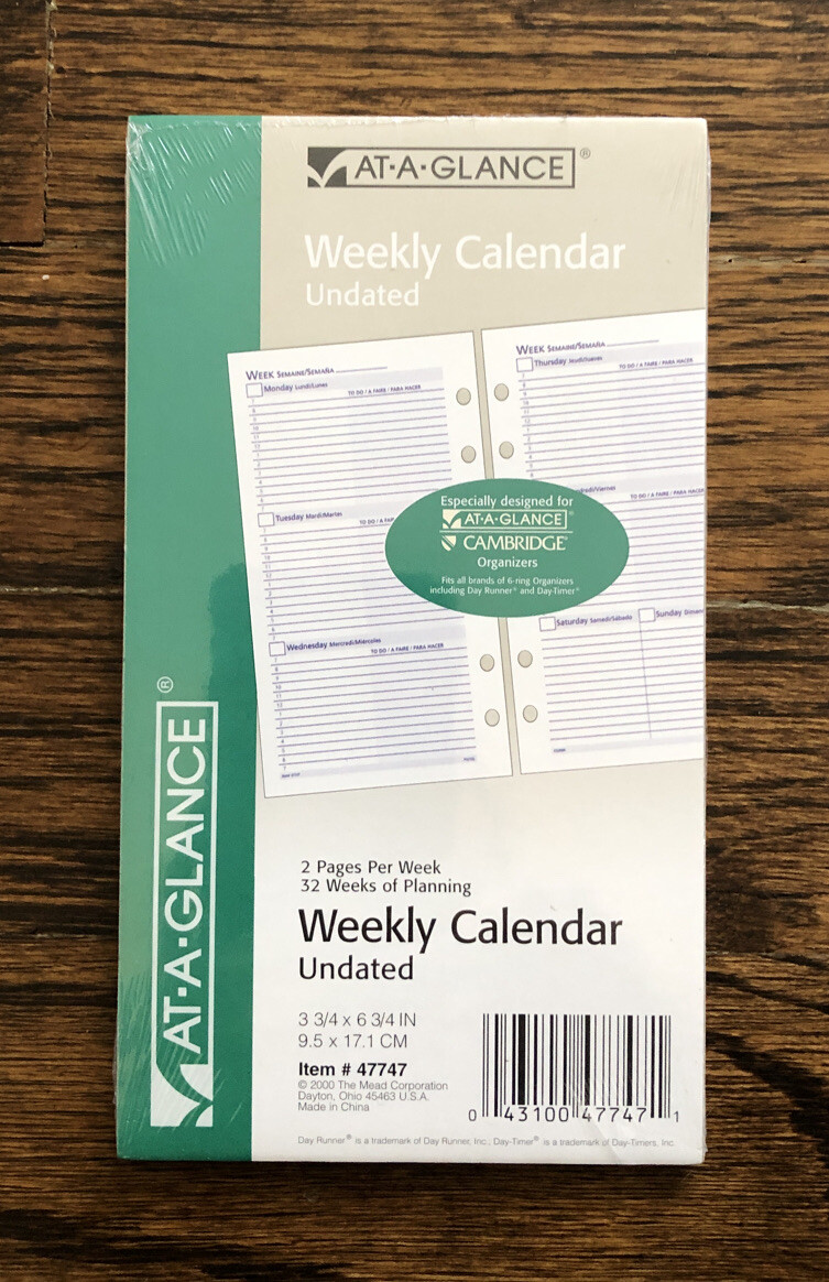 At-A-Glance Weekly Calendar Undated 3 3/4 x 6 3/4, #47747 -2 pgs , 32 wks