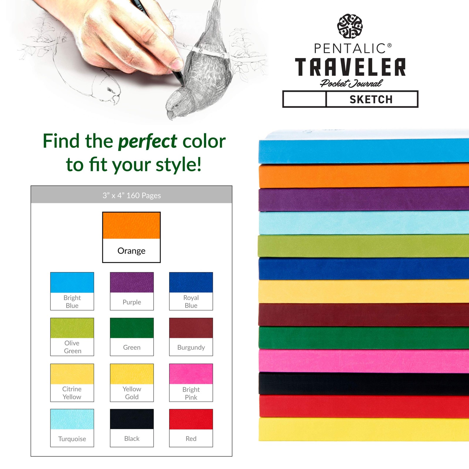 Pentalic 3″ x 4″ Pocket Sketchbook Traveler 3-inch x 4-inch, Orange, Orange