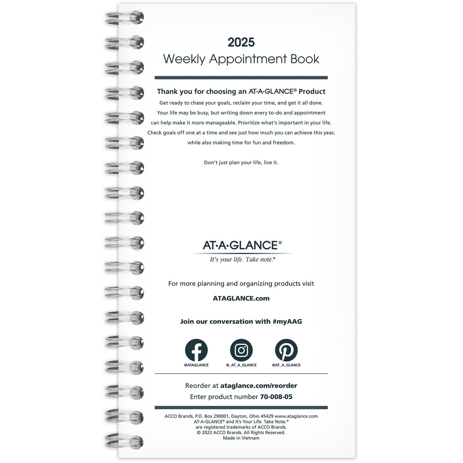AT-A-GLANCE 2025 Weekly Appointment Book Planner Refill for 70-008, White