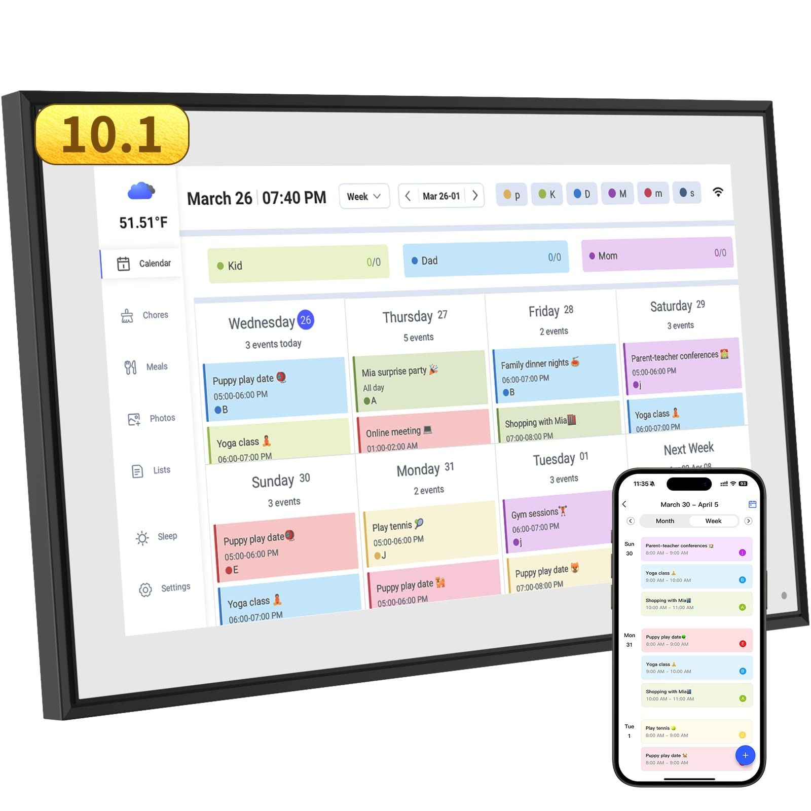 10.1 Inch Smart Digital Calendar & Chore Chart Full 10.1in-black, 10.1-black