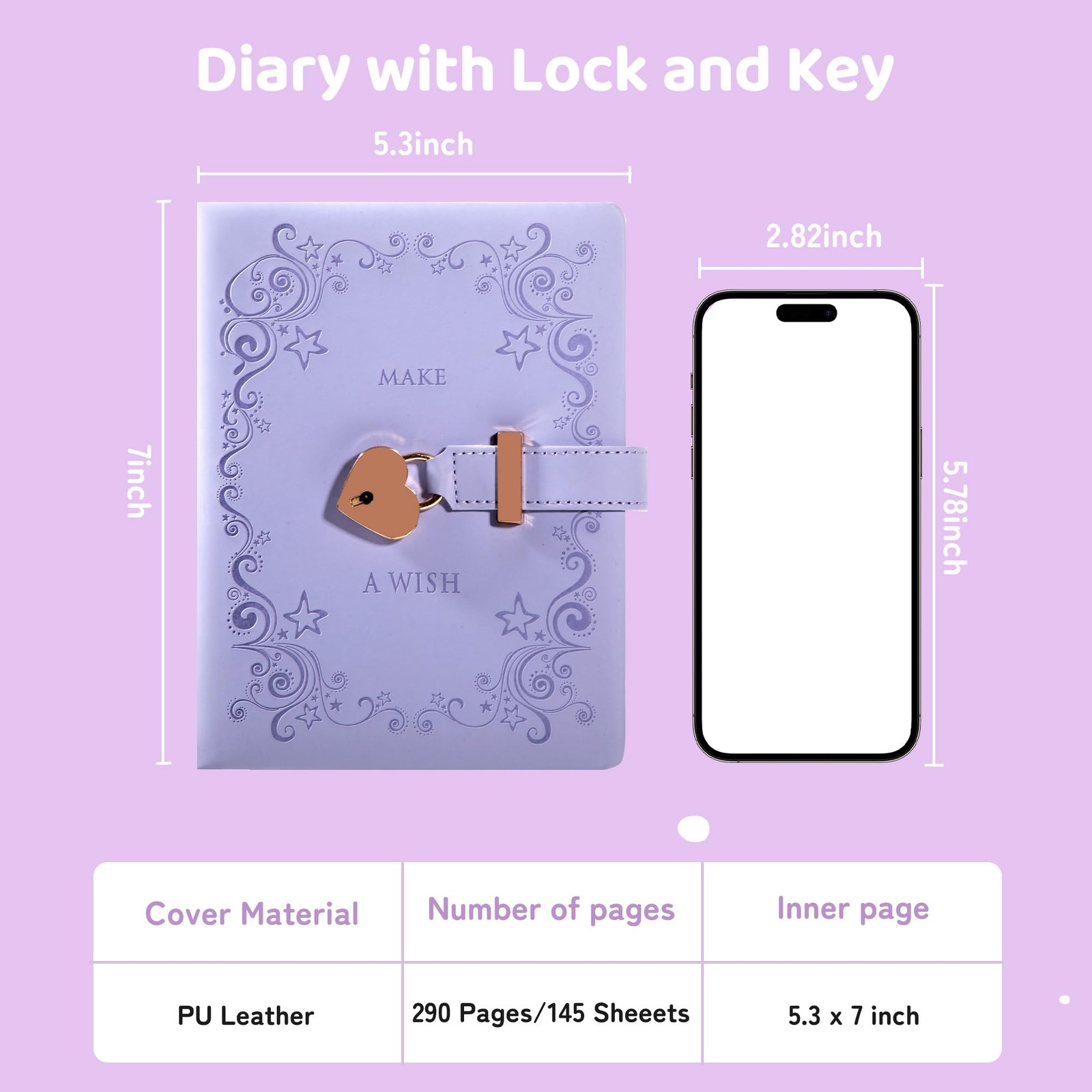 CAGIE Diary with Lock for Girls Pen Heart Shaped Vintage Purple