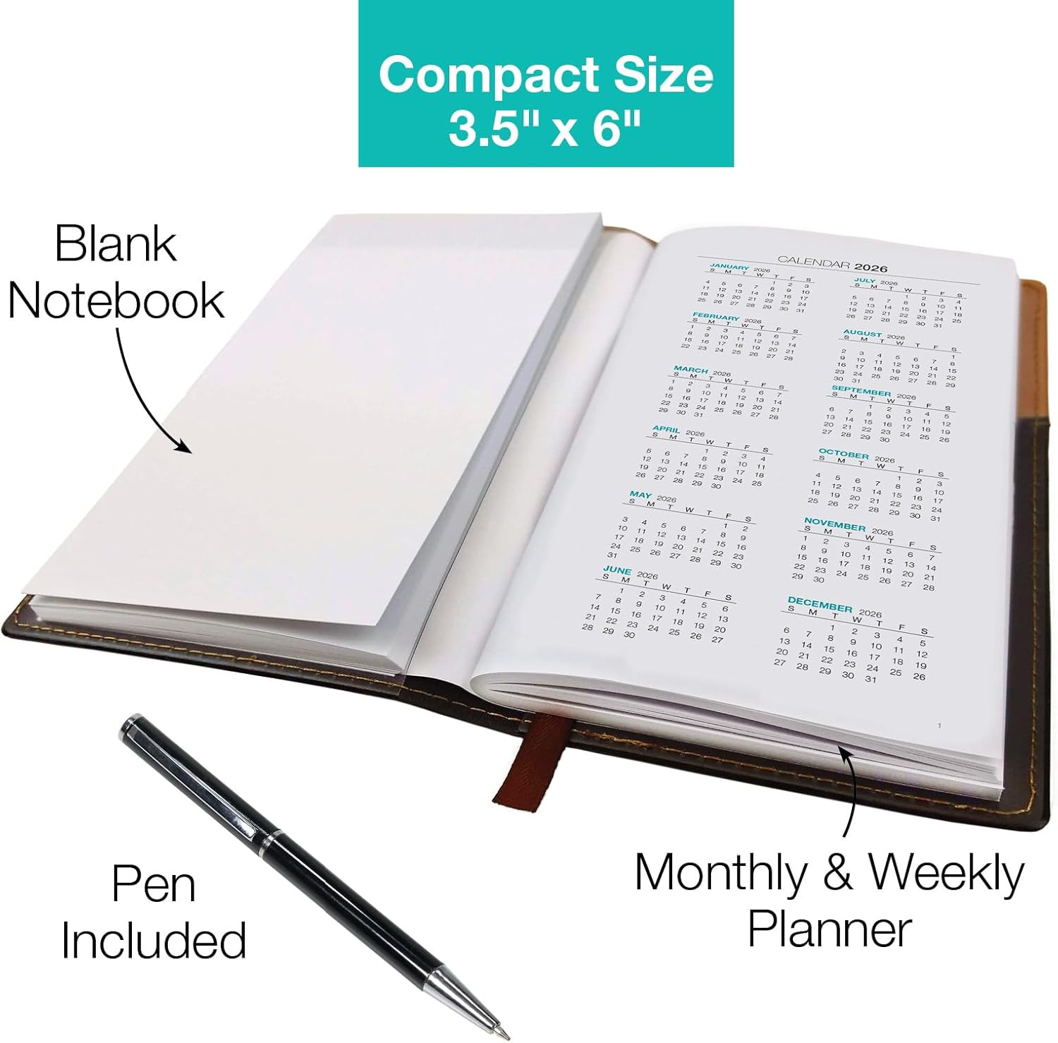 2026 Pocket Planner with Pen 3.5″x6″ 14 Month Weekly Monthly Brown Black