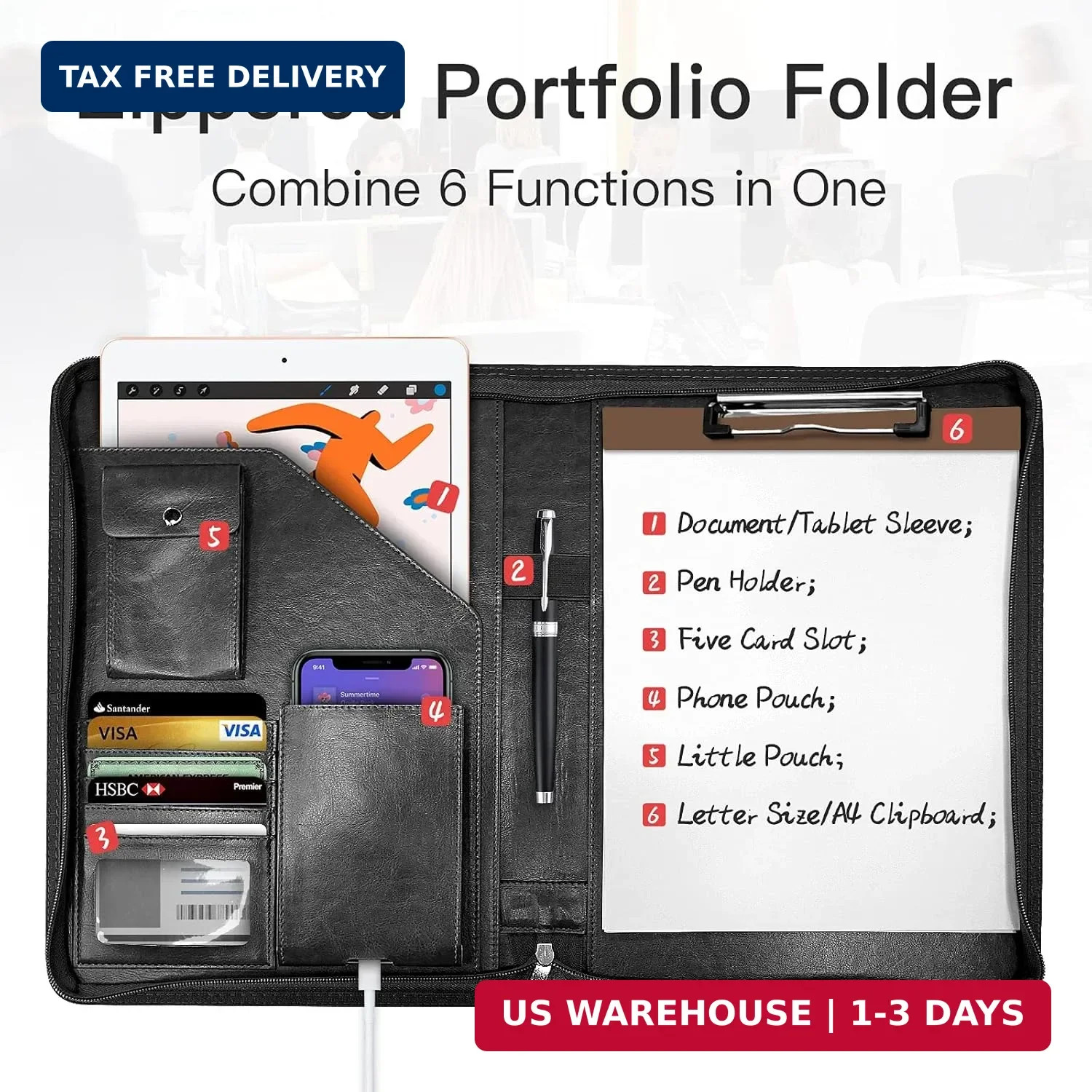 Zippered Padfolio Organizer, WRIYES Leather Planner Binder, 10.2 Inch Portfolio