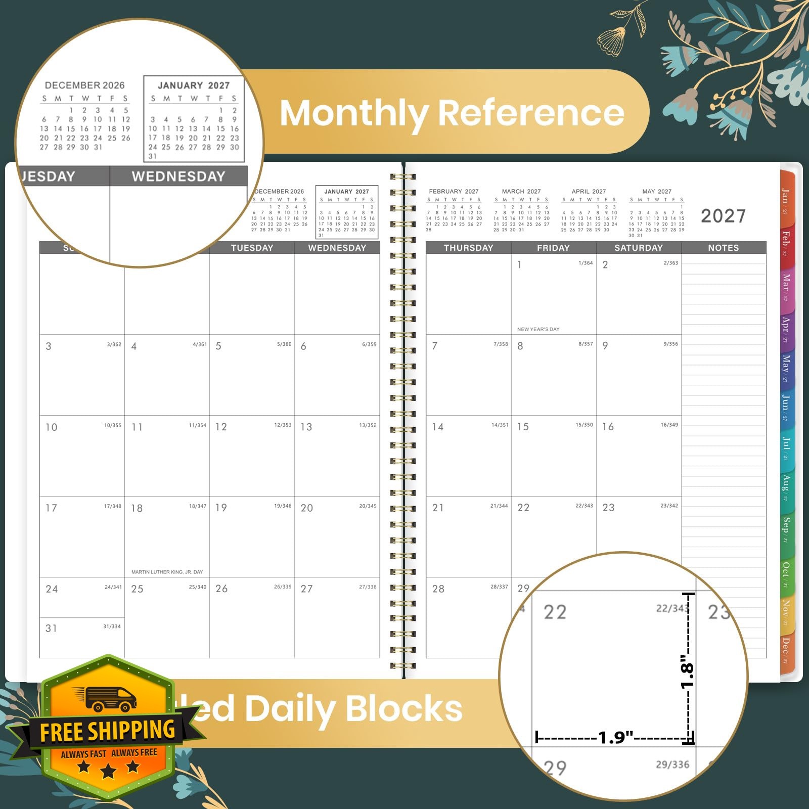 Artfan 2027 Planner Green 9×11 Monthly Tabs