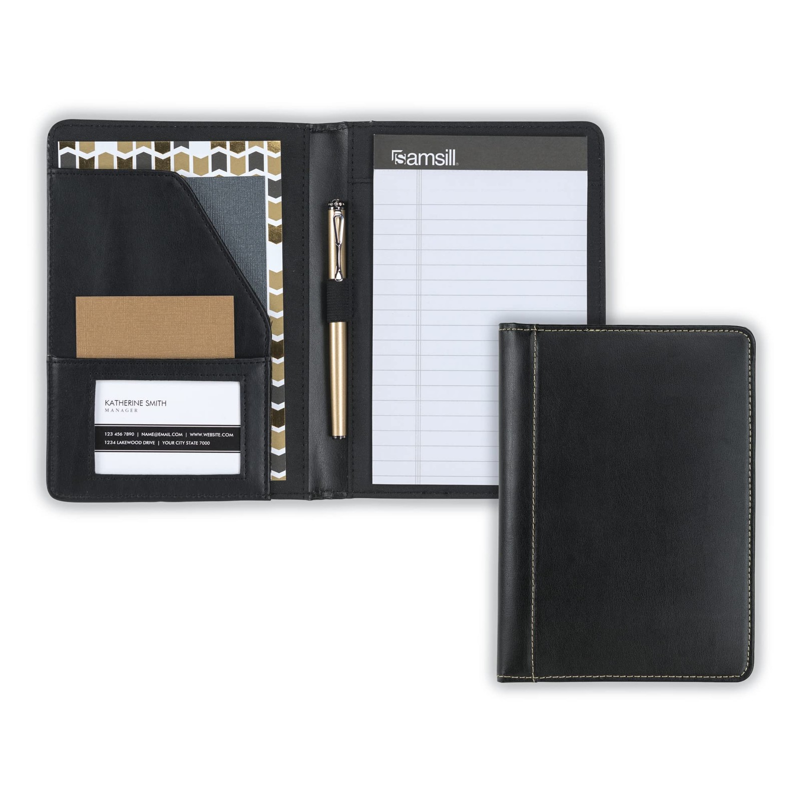 Contrast Stitch Faux-Leather Portfolio, Mini Size Business Interview Professi…