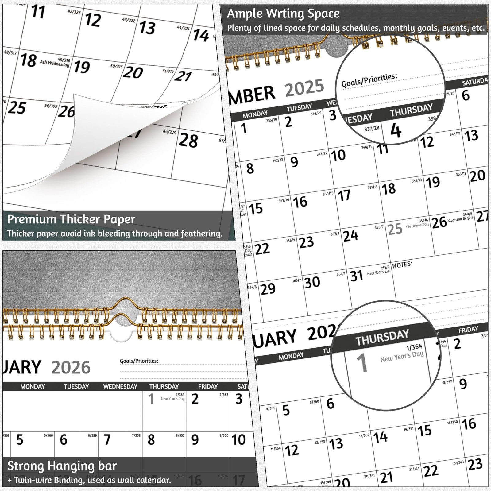 2026 Wall Calendar – 3 Month 2026 Vertical, Jan 2026 – Dec Black