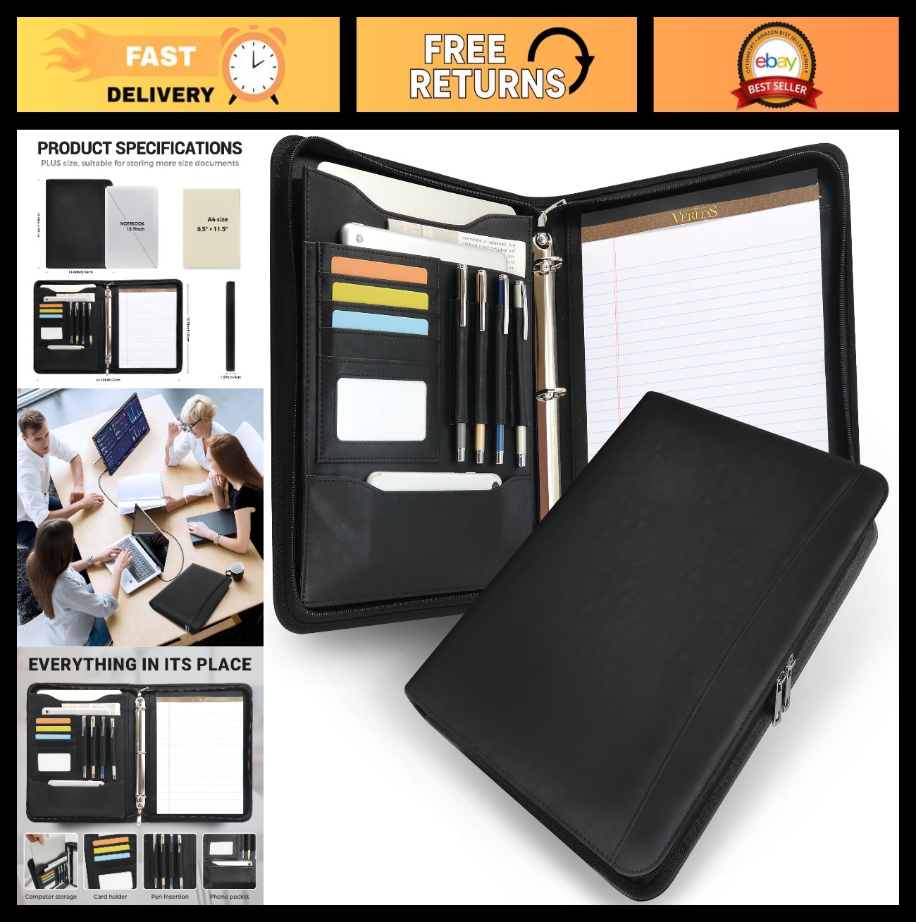 Faux Leather Padfolio Organizer with 3 Ring Binder, Fits 13.9″ Laptop, Refillabl