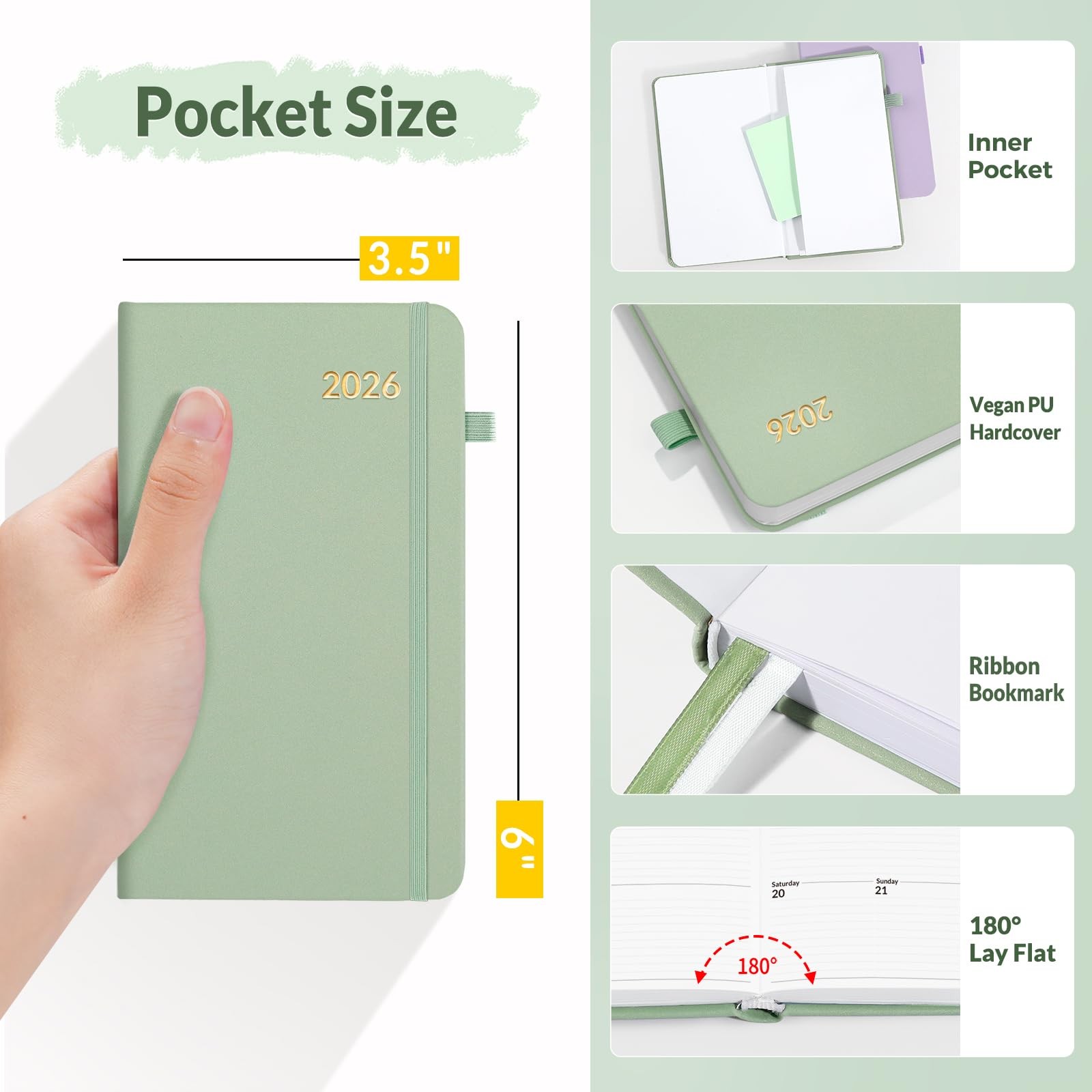SUNEE 2026 Pocket Weekly Planner 3.5″x6″ Hardcover 12-Month Notes Sage Green