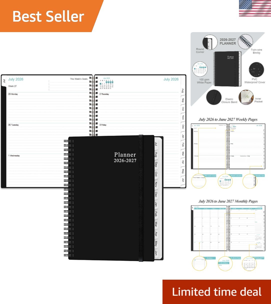 Productive 2026-2027 Planner with Holiday Reminders & Contact Lists, 6.4″x8.5″