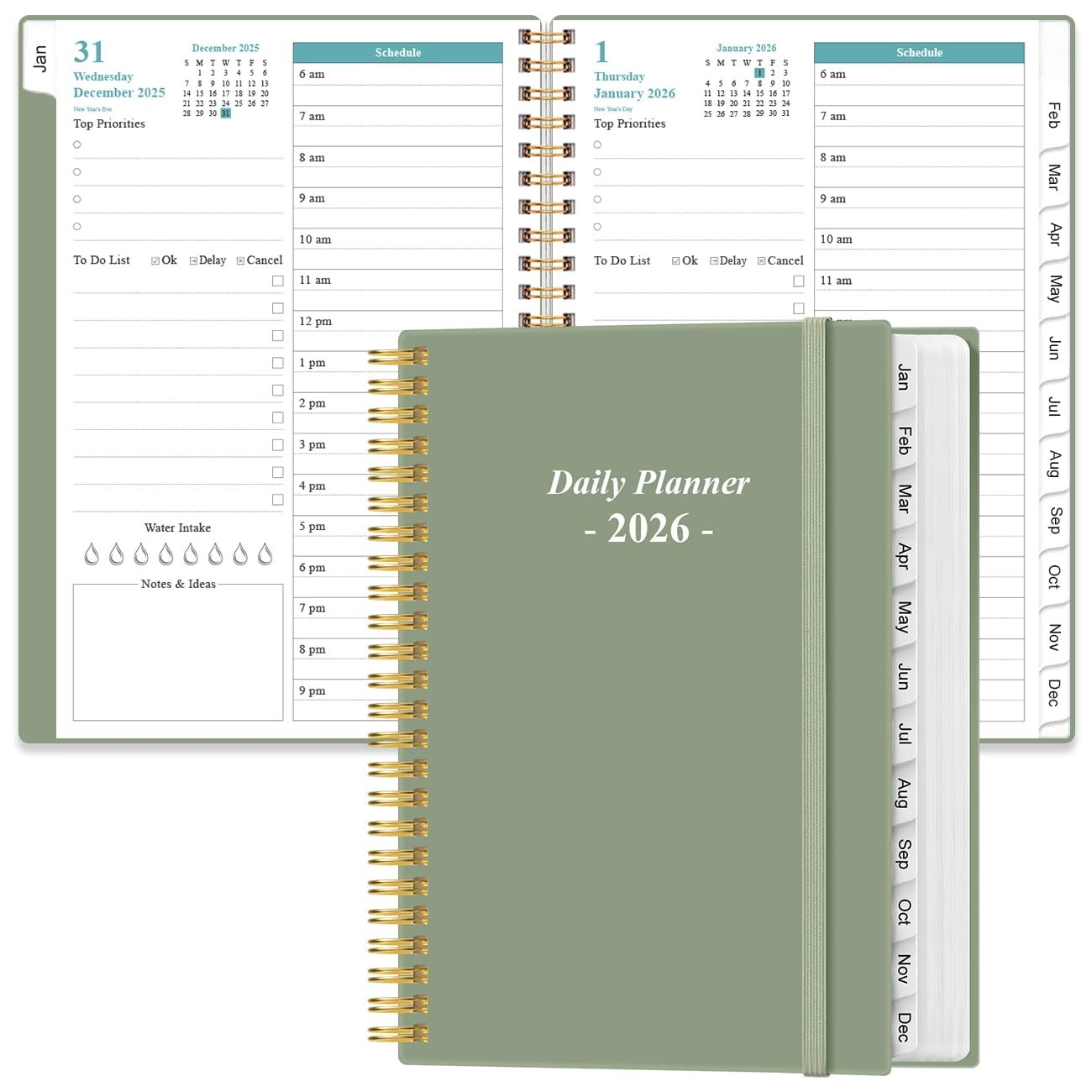 2026 Daily Planner – Full Page Per Day, Monthly Tabs, 6.4″x8.5″, Green, Jan-Dec