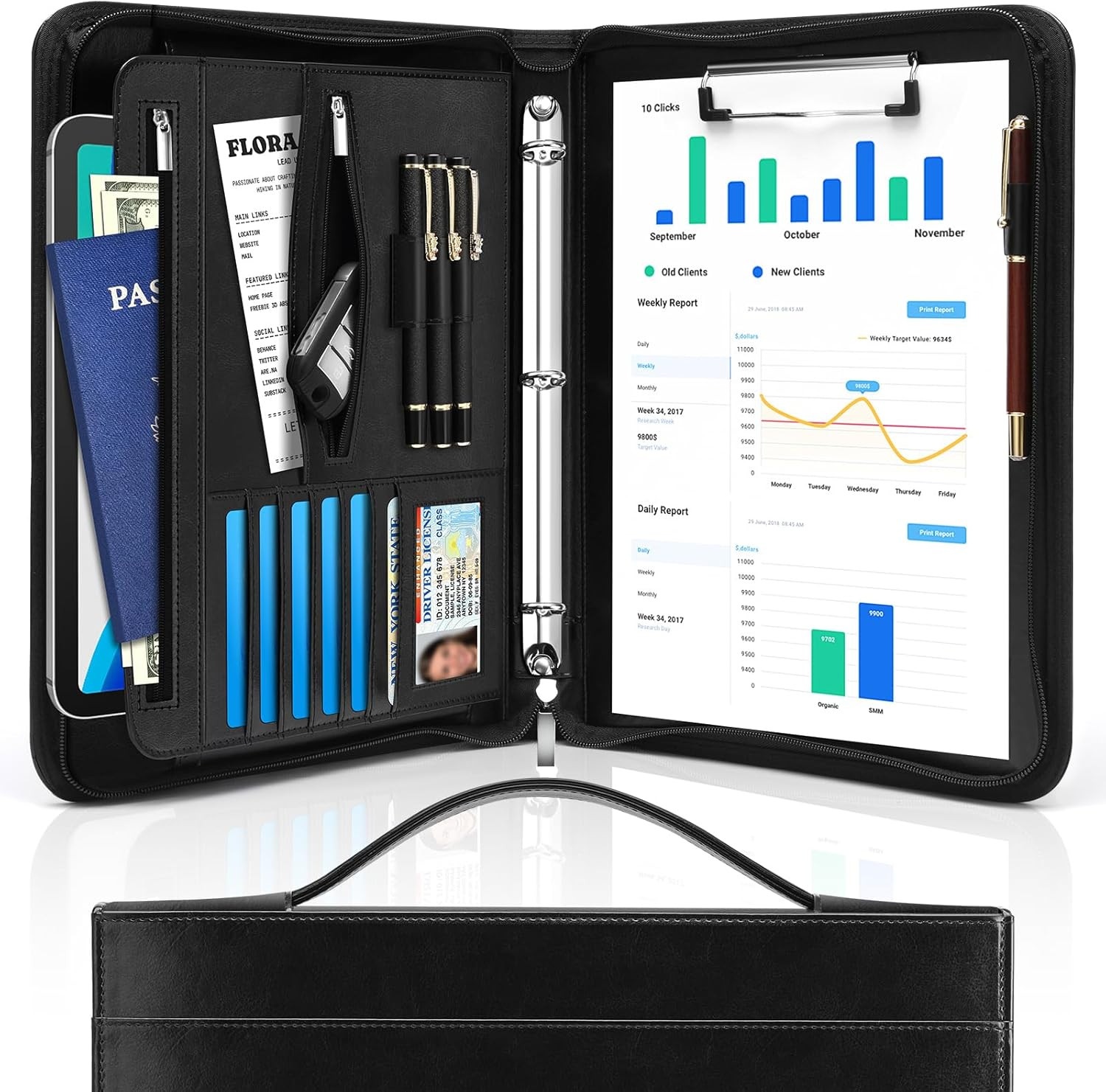 Padfolio Portfolio Organizer Binder with Zipper and Hidden Handle, PU Leather Po