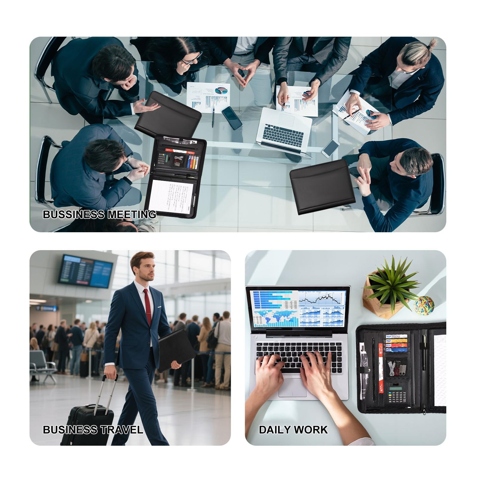 Padfolio Business Leather Portfolio Zippered Notebook Binder Office Organizer