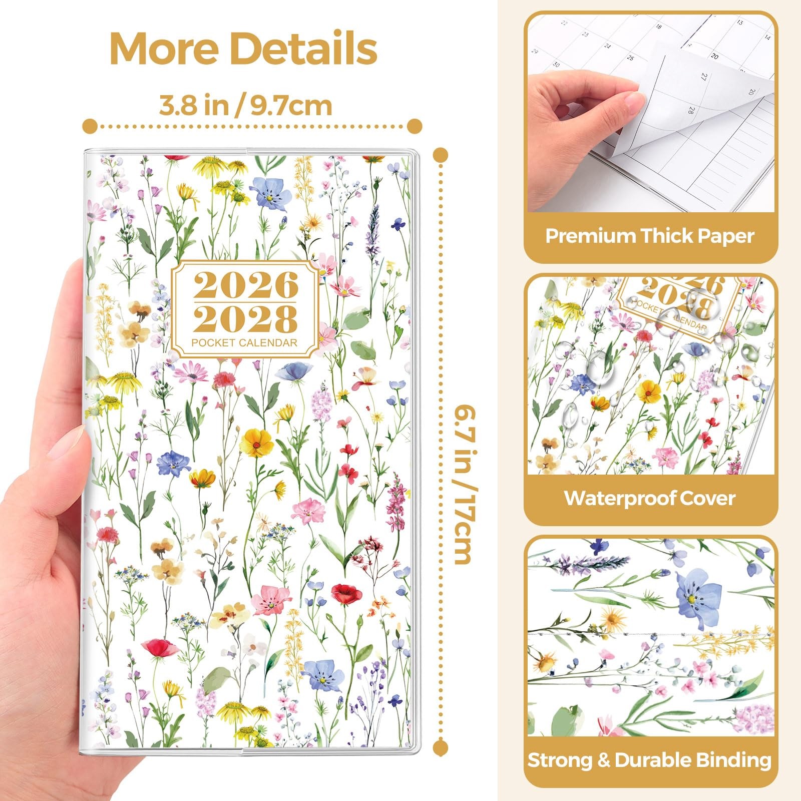 SKYDUE Pocket Calendar 2026-2028, 3.8″x6.5″(JUL 2026-DEC 2028), Floral White