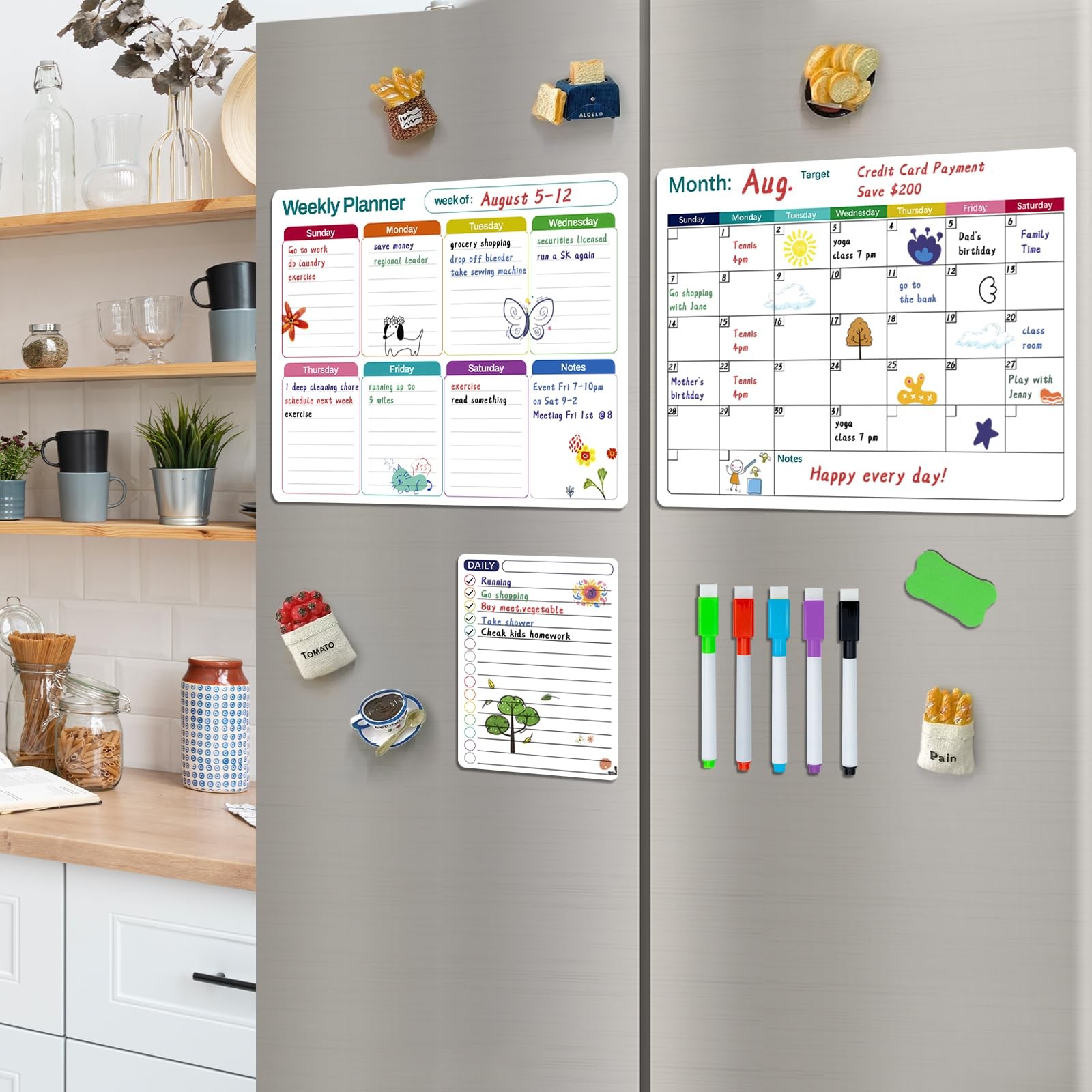Magnetic Dry Erase Fridge Calendar Whiteboard Set,3 Pack 14.6″ x 11″ B
