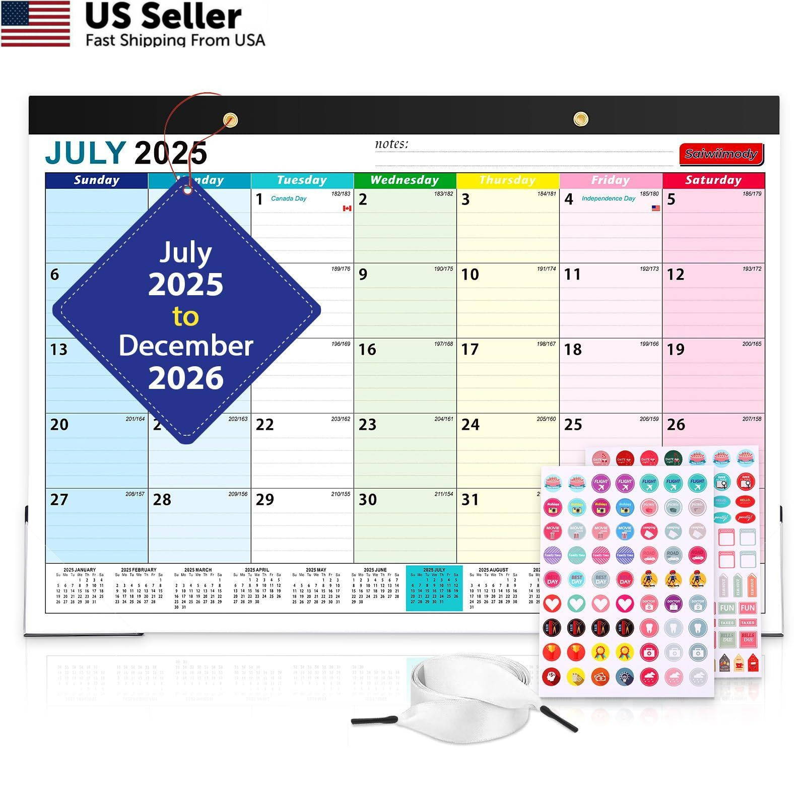 2026 Calendar with Stickers and Clear Waterproof Cover 17 x 12 inch, Colorful
