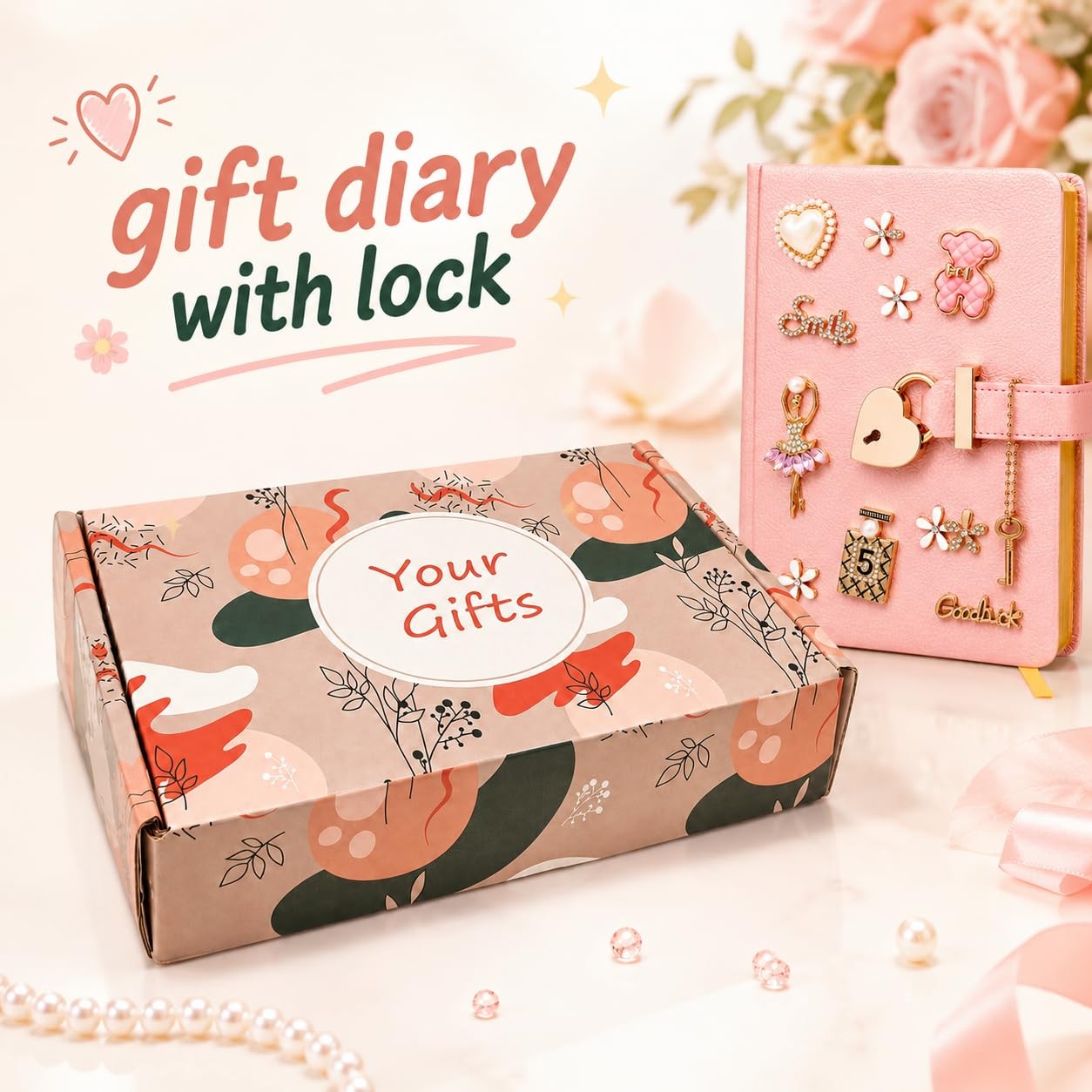 Diary with Lock & Key – 5.31×6.89 Inch, 144 Pages, Pink Heart Journal – Gift Box