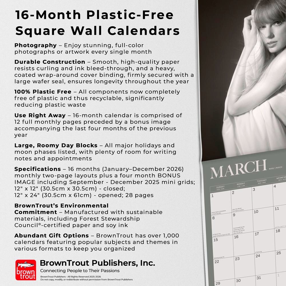 Taylor Swift OFFICIAL | 2026 12×24″ Square Wall Calendar | Plastic-Free