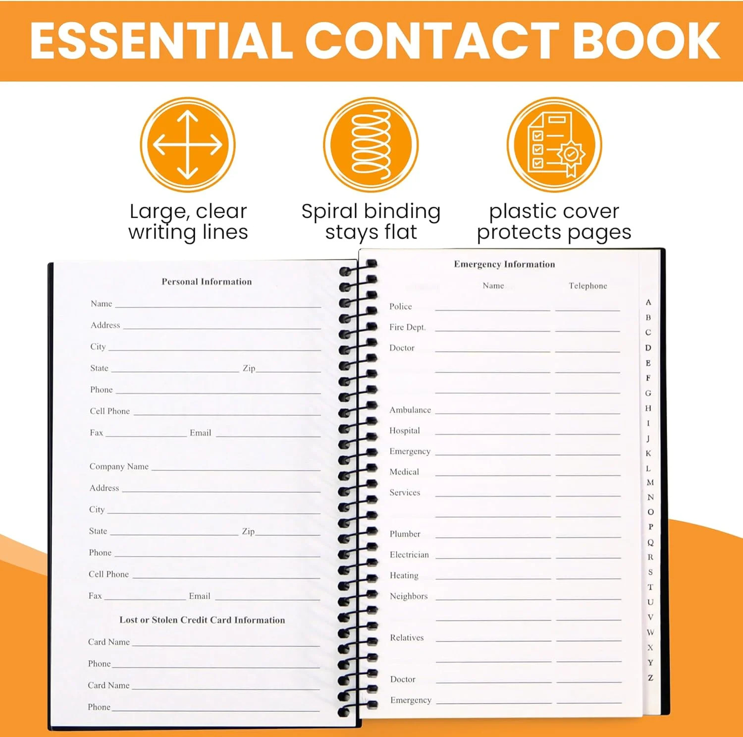 Iconikal Address Telephone Book, 8×5-Inch, Black, Spiral-Bound, 384 Contacts,…