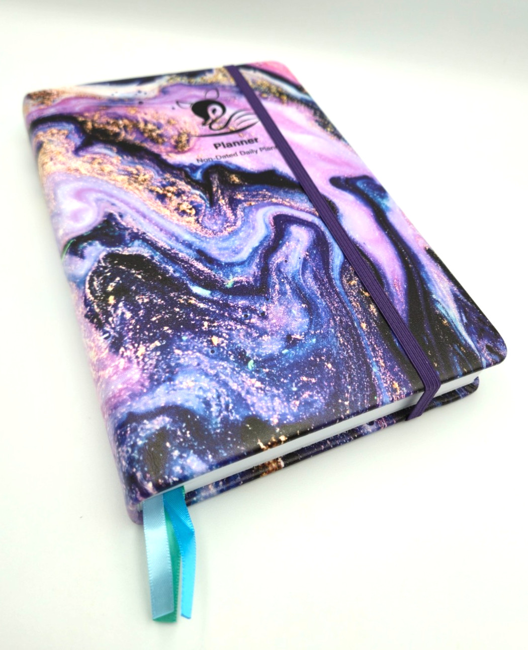 Undated Weekly and Monthly Planner, Stickers, Ribbon Bookmarks, Purple Marble