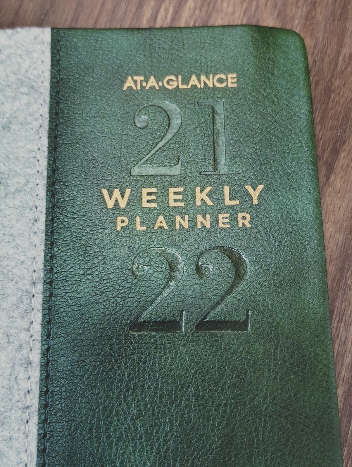 2021-2022 At A Glance Grey Fabric Green Faux Leather Planner 20212022