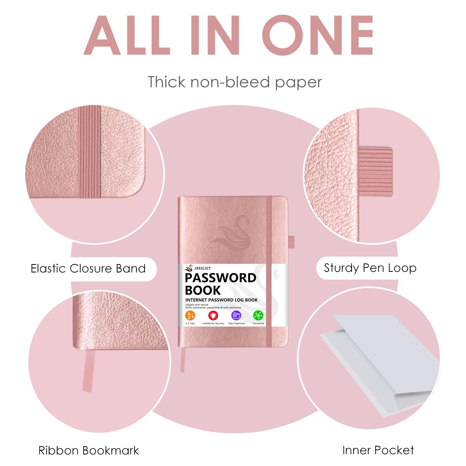 Elegant Password Book with Alphabetical Medium (5.2 x 7.6 Inch), Rose Gold