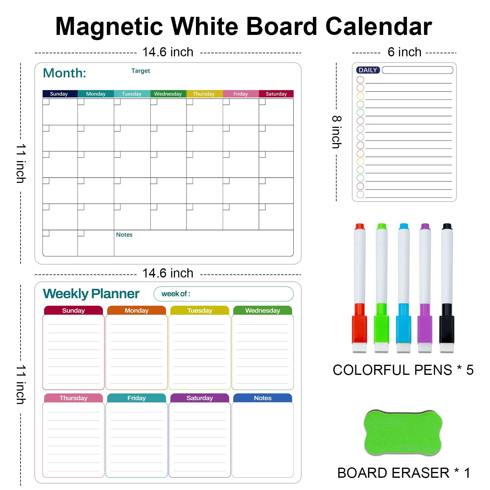 Magnetic Dry Erase Fridge Calendar Whiteboard Set,3 Pack 14.6″ x 11″ B