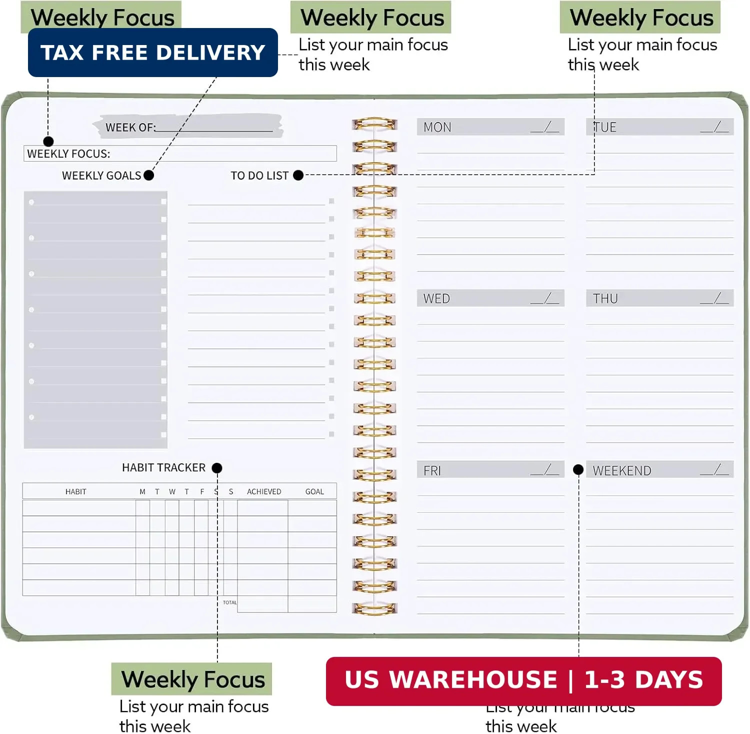 Undated Weekly Planner, A5 Weekly To Do List Notebook with Habit Tracker Spiral
