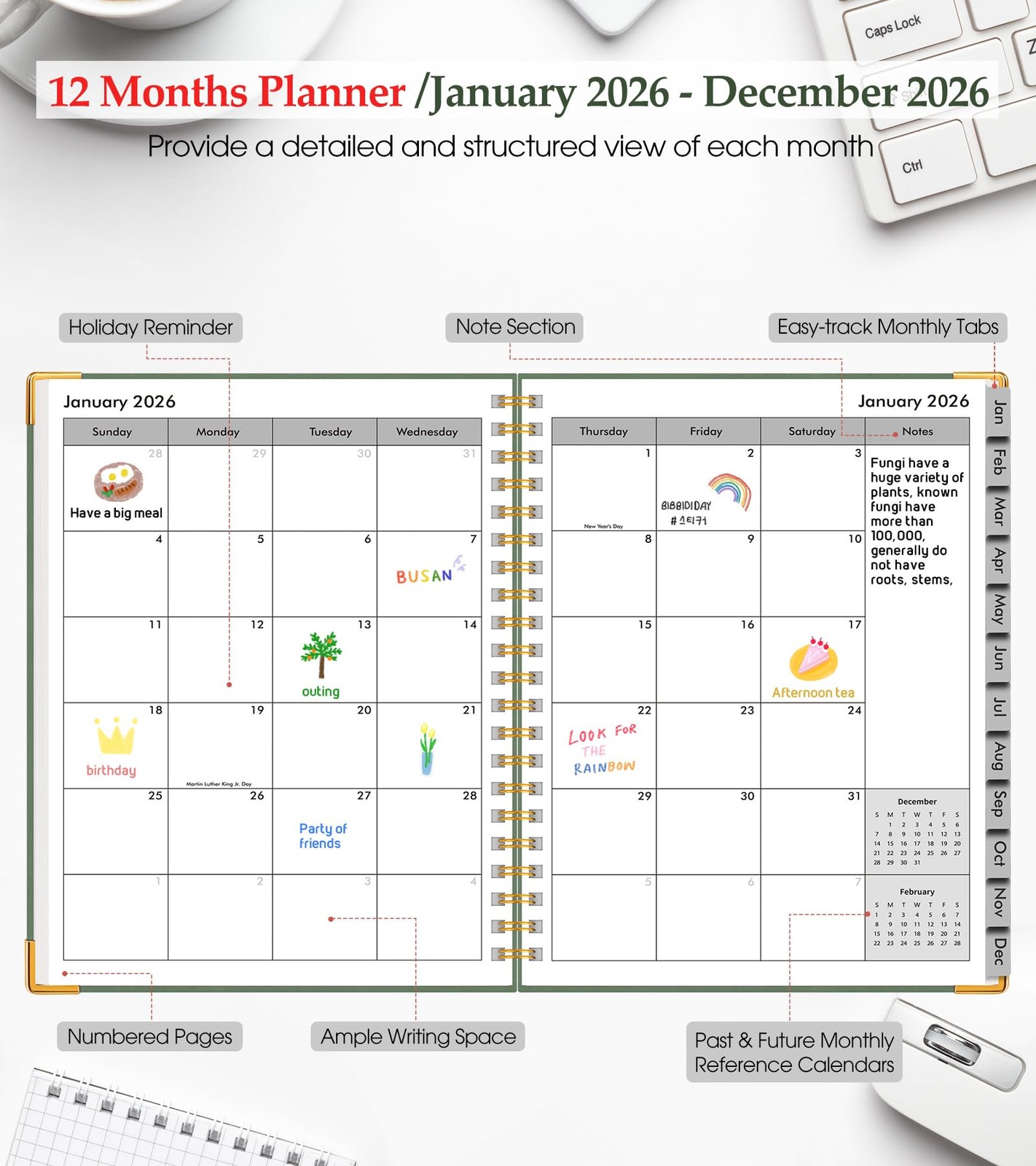 2026 Planner, Weekly and Monthly Calendar A4 (Jan 2026 – Dec 2026), Green