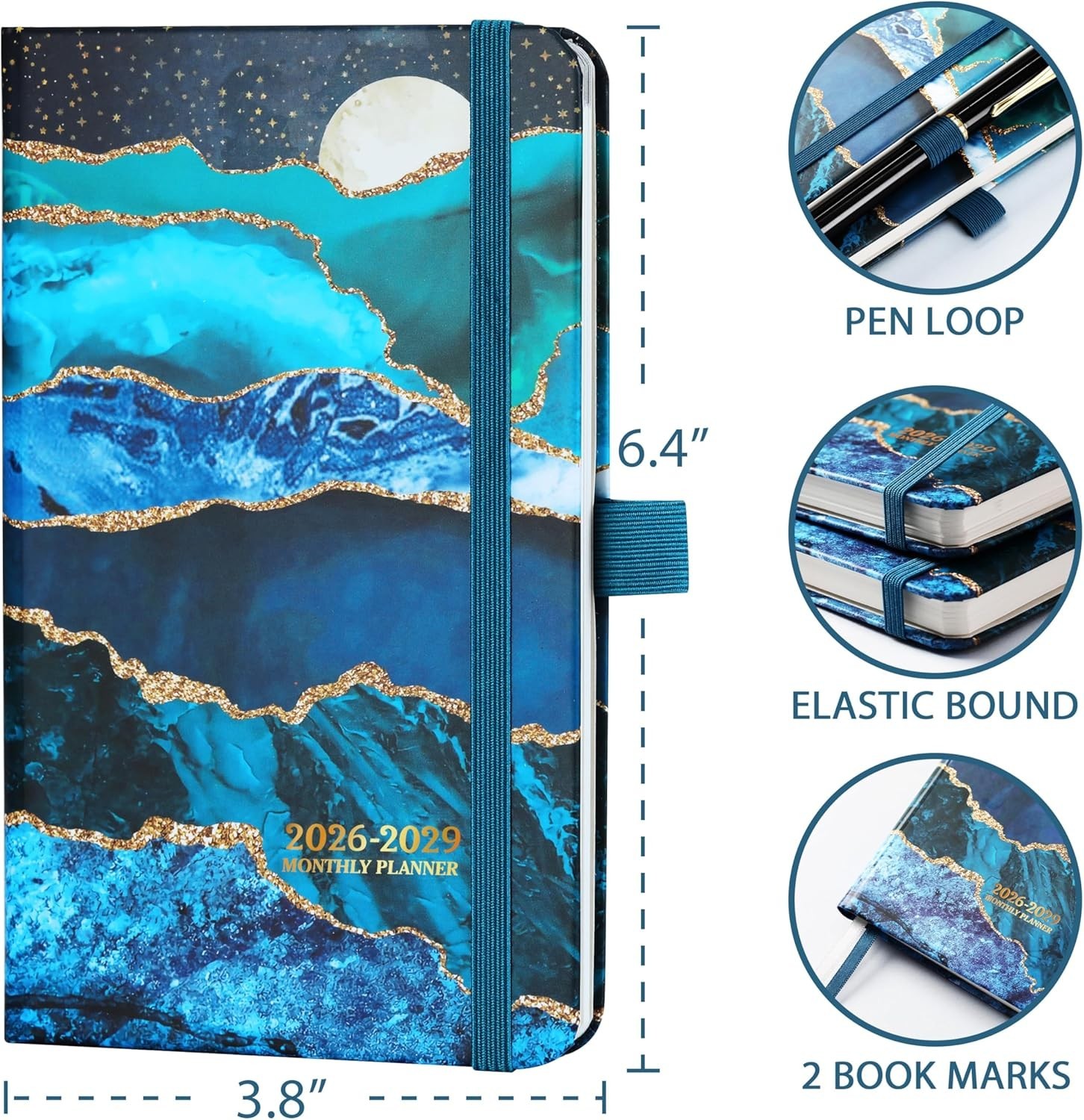Monthly Planner 2026-2029 Blue Pocket Calendar with Pen Loop and Bookmarks