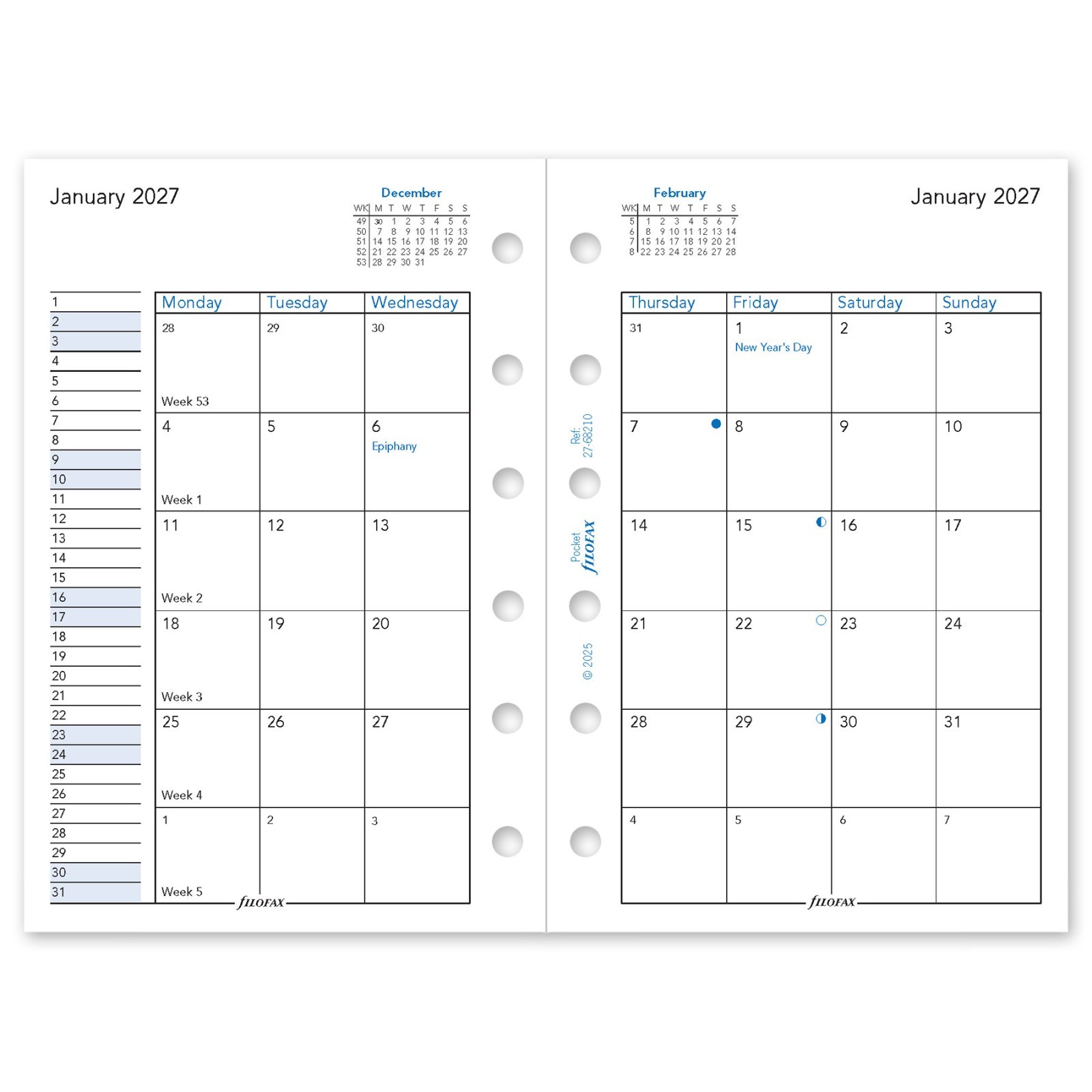 2026 Filofax Pocket Size Refill 26-68210 Month on Two Pages, 81mm x 120mm