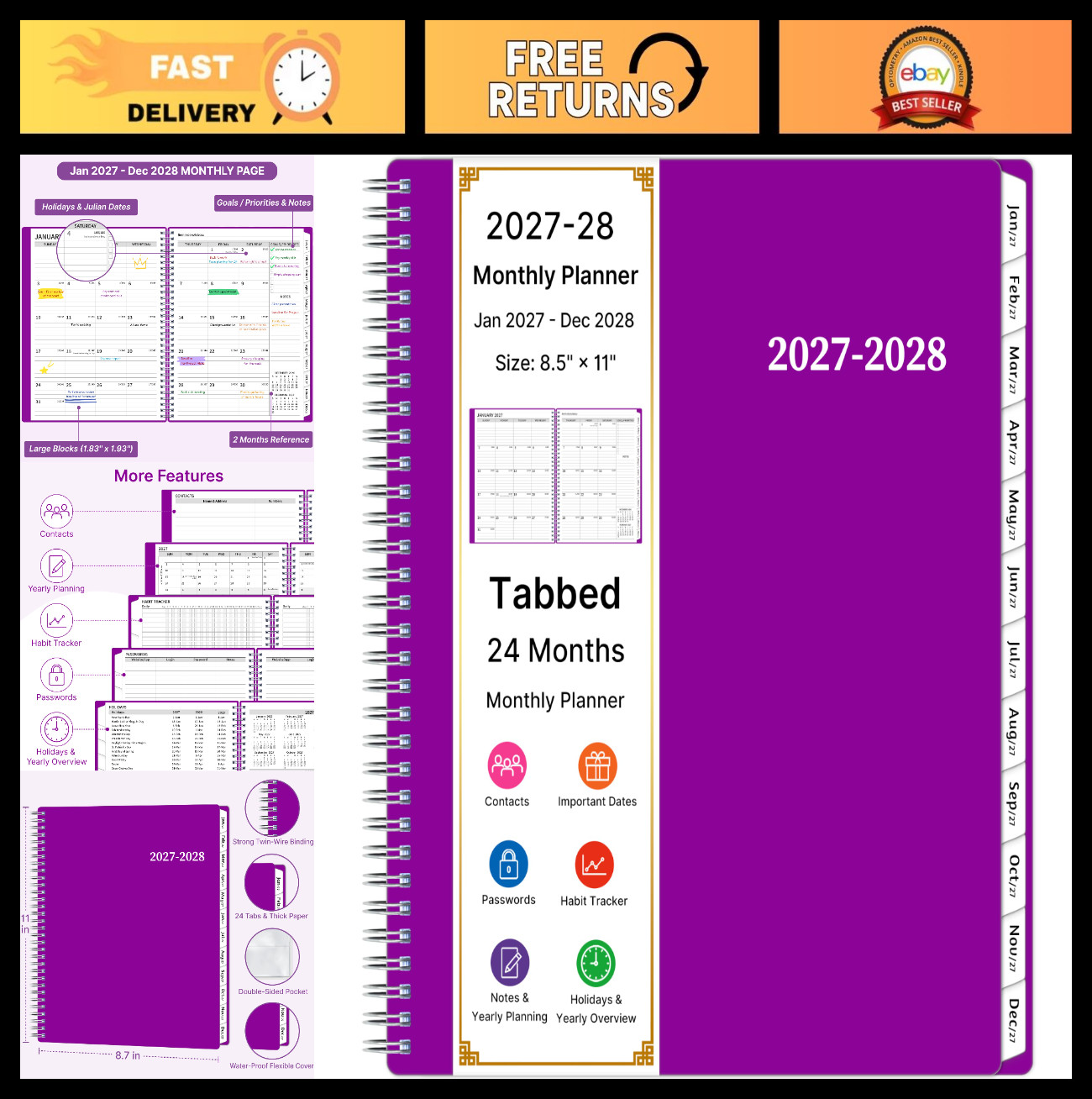 Large 2027-2028 Monthly Planner – 2 Year Calendar, Spiral Agenda, Tabs & Pocket,