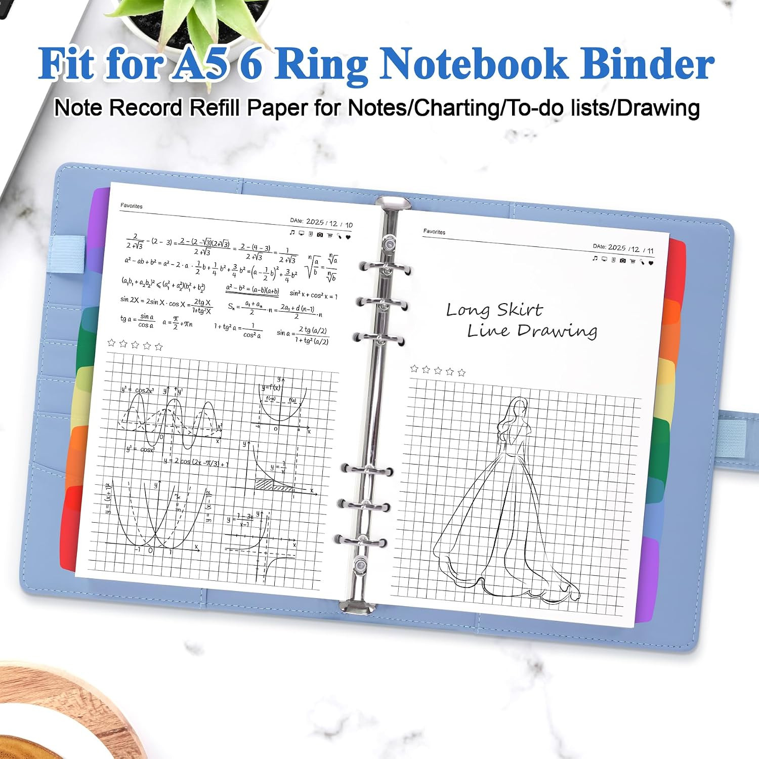 A5 Refill Paper Planner Inserts for A5 6-Ring Binder, 135 Sheets 6-Hole Note Rec