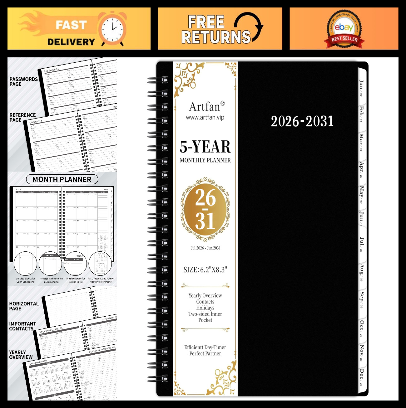 5-Year Monthly Planner 2026-2031, 6.2″x8.3″, Twin-Wire Binding, Tabs, Pocket – B