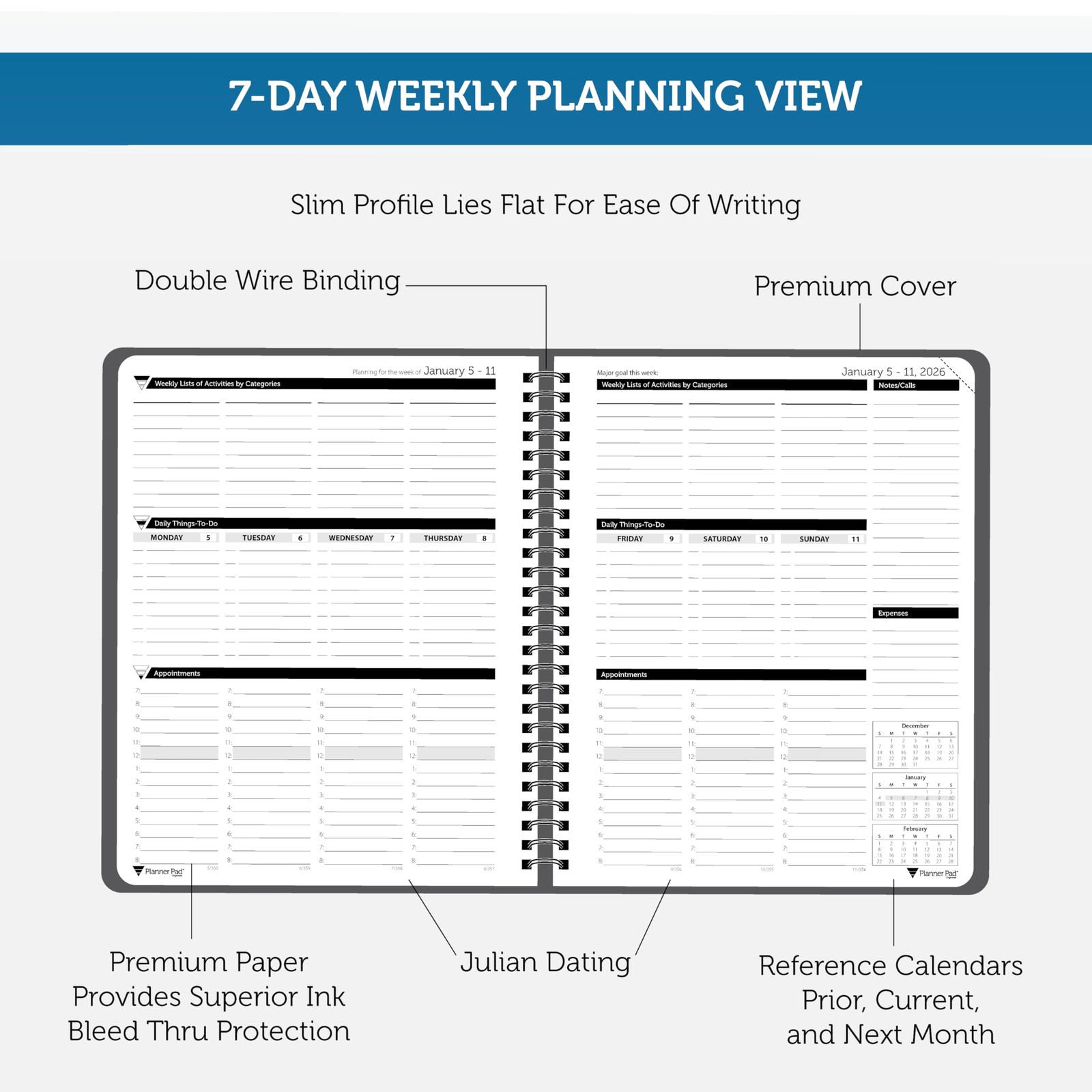 Planner Pad Spiral Bound January 2026 Start, Black Cover/Black Ink
