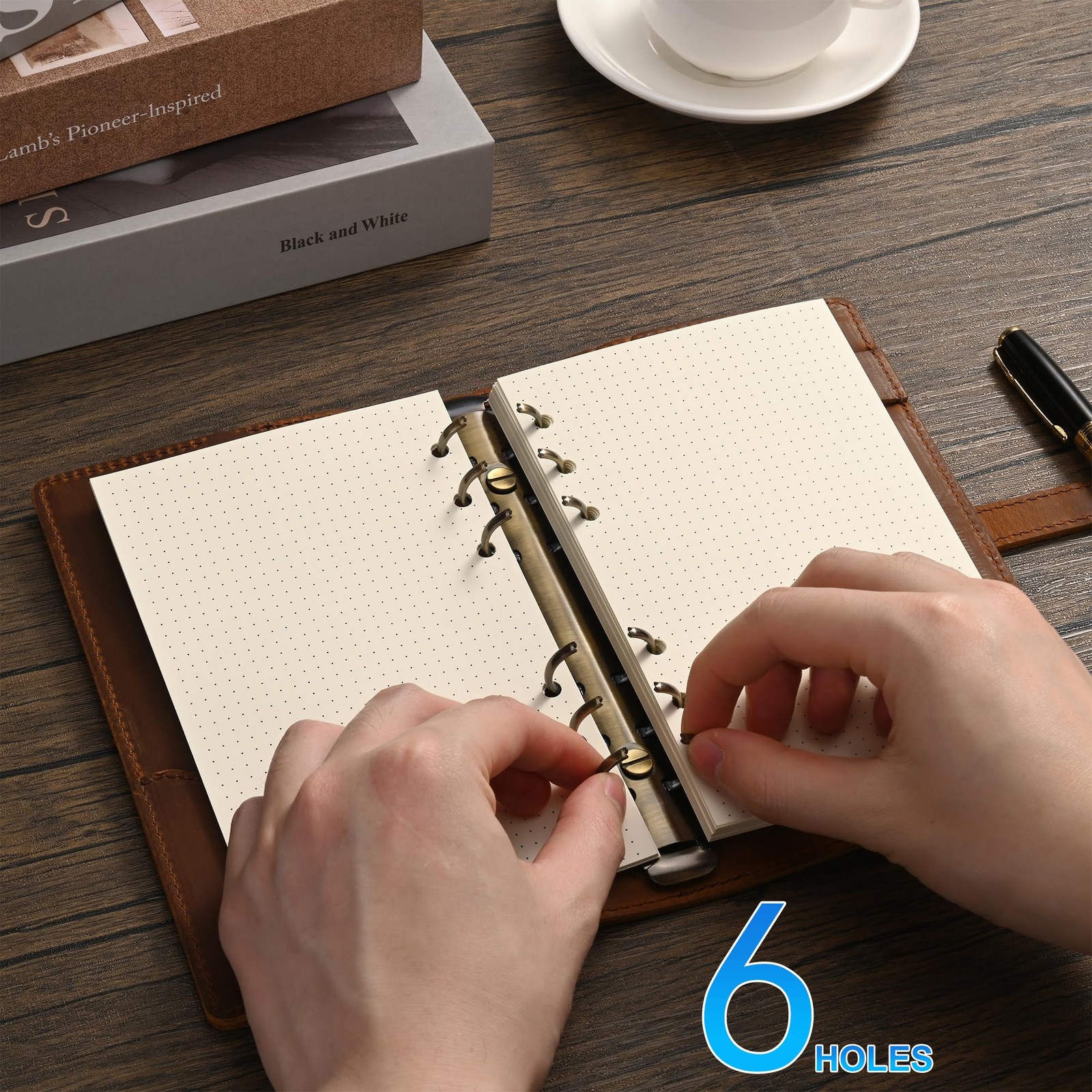 A6 Dot Grid Paper, 6 Hole Punched,A6 Dotted Refill Paper for Beige