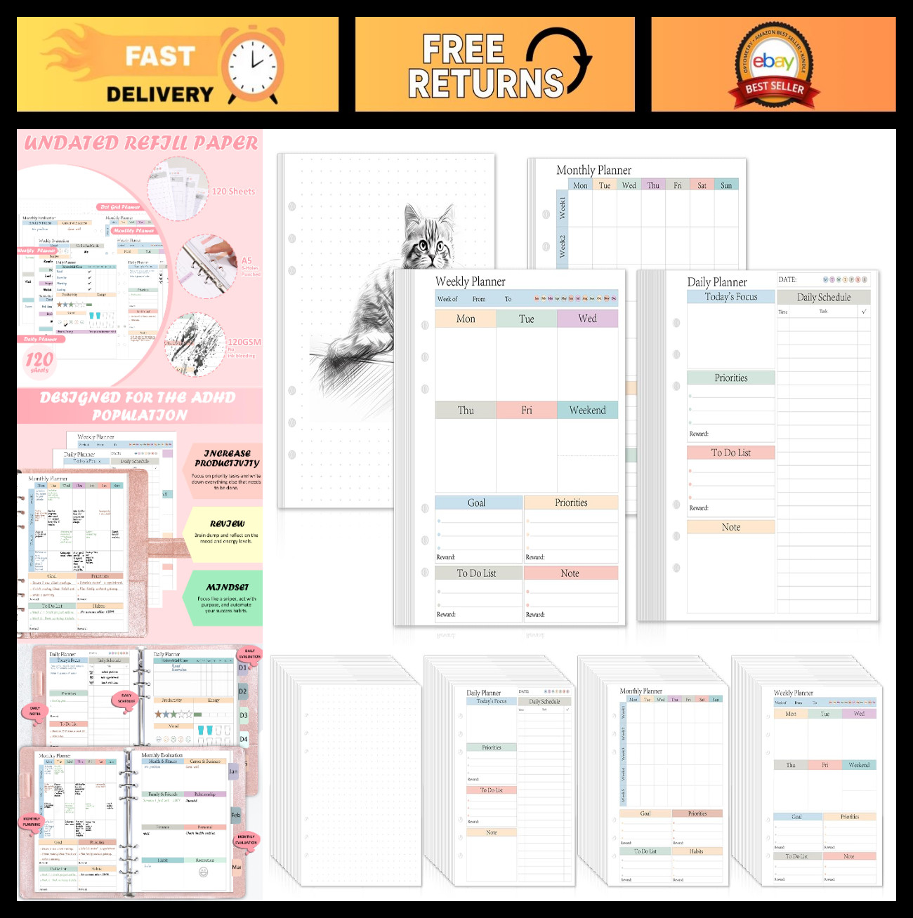 A5 Planner Refill Pages – 480 Sheets Daily Weekly Monthly Inserts, 120 GSM, Colo