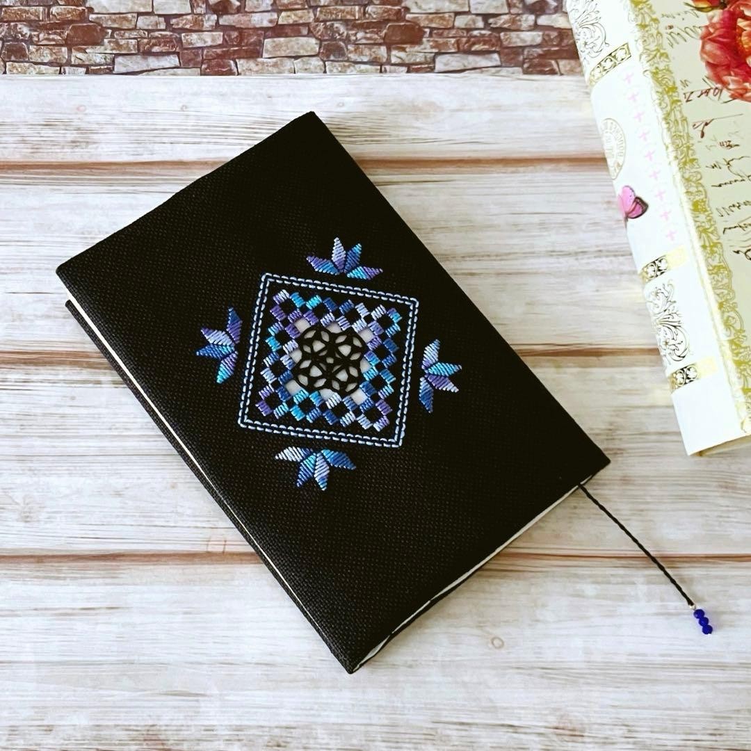 Hand Embroidery Black & Lapis Lazuli Hardanger Book Cover Used