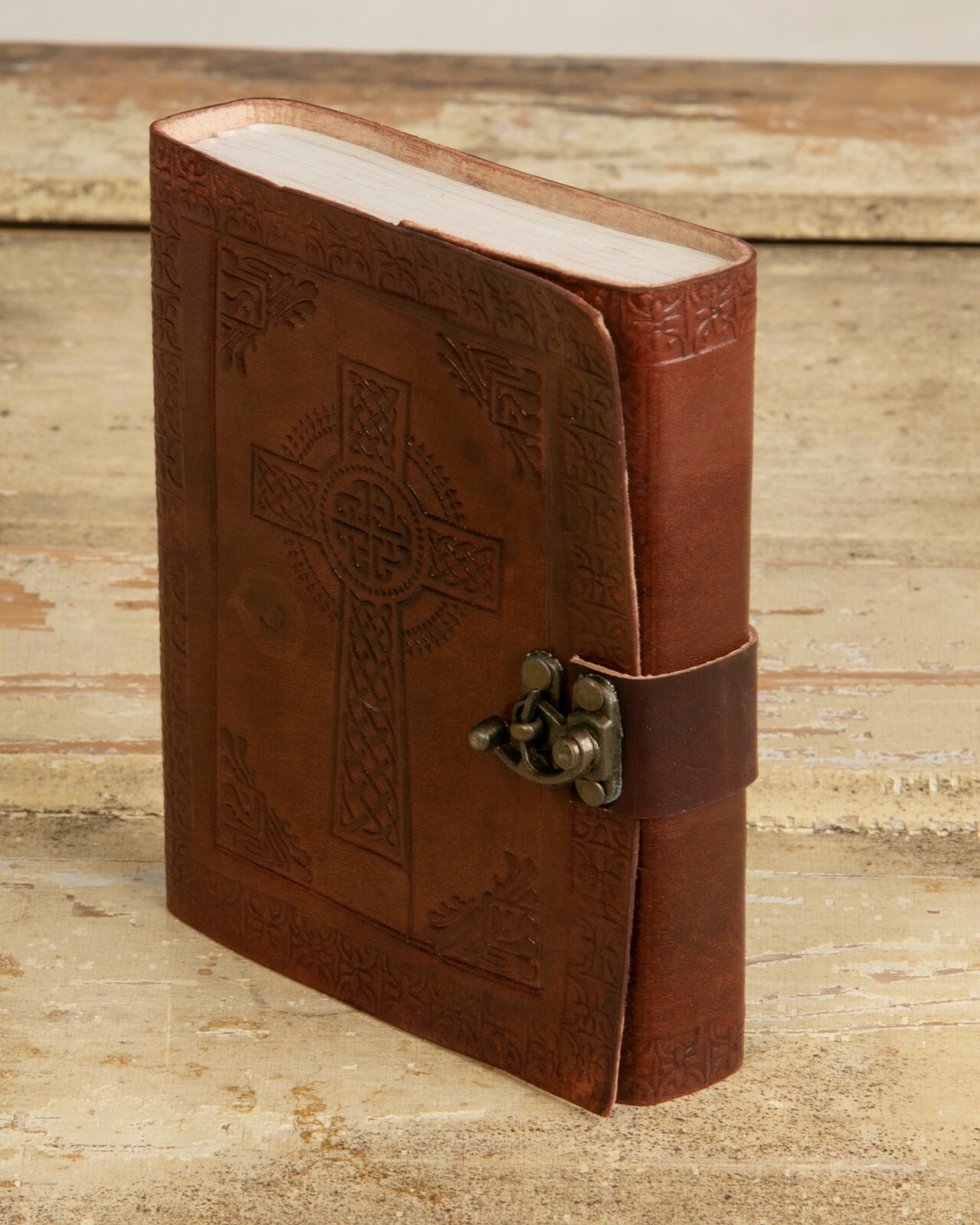 Leather Celtic Cross Journal w/ Lock/Latch ~ 200 5″x7″ ‘Vellum’ Pages Handmade