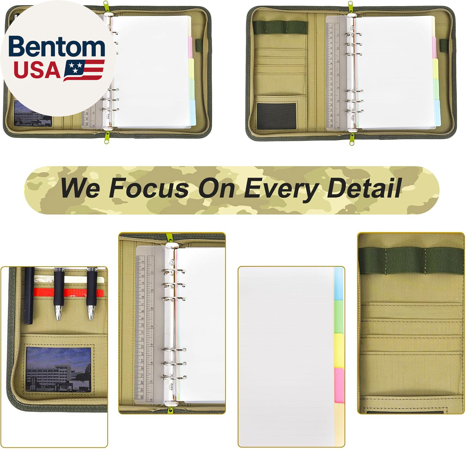 Army Military Padfolio Ring Binder with Zippered Portfolio Organizer and Tactica