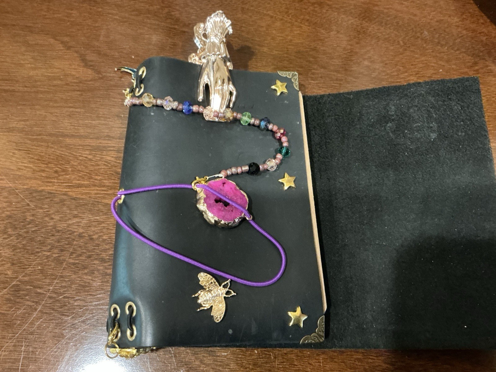 NEW Handmade Journal A6 Gold Hardware Purple Cord, pink druzy quartz charm