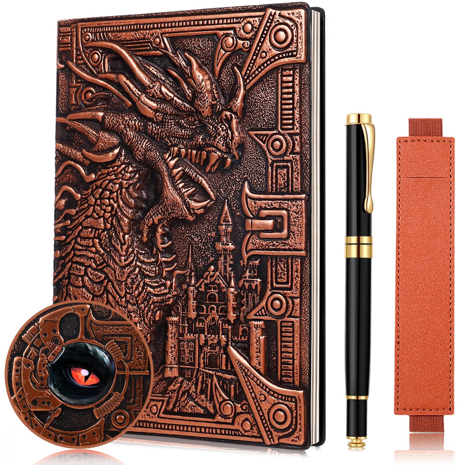 FEIDIAO Vintage DND Journal 3D Embossed Leather Notebook with Red Copper