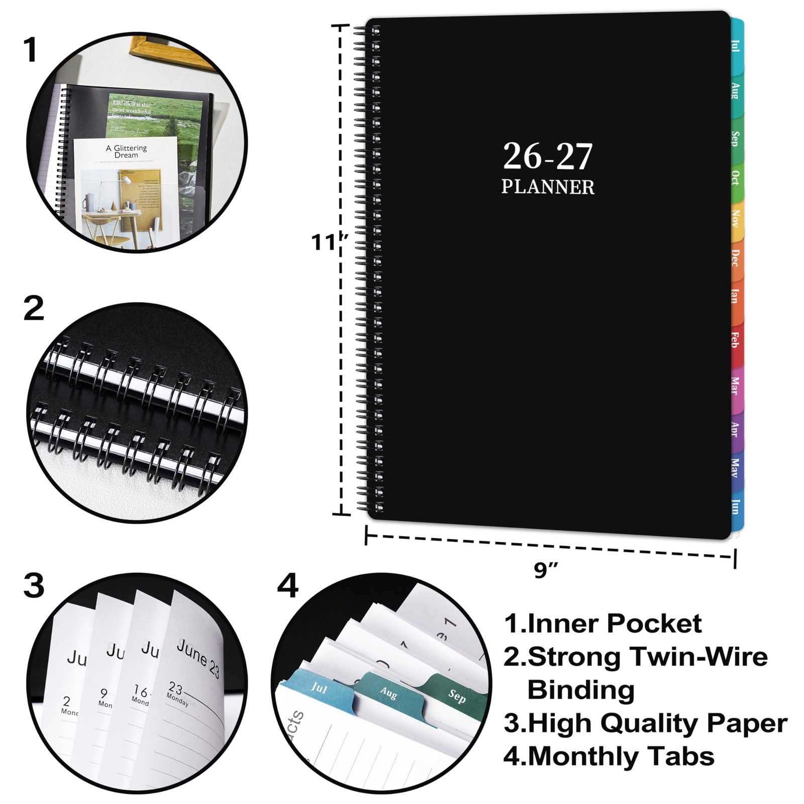 20262027 Academic Planner 9×11 Weekly Monthly Colorful Tabs Black