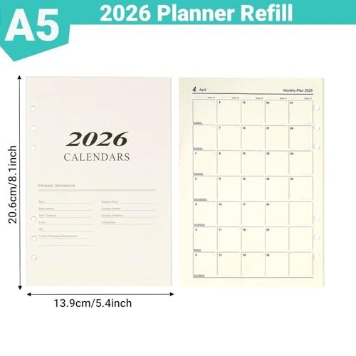 A5 2026 Weekly & Monthly Planner Refill, 176 Pages, 6-Hole Punched, Daily Calend